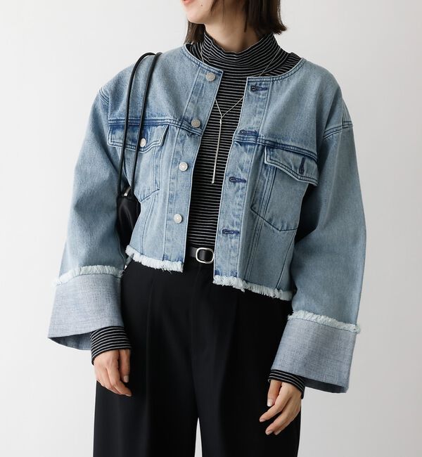 abahouse mavie「【EDWIN】ロールアップデニムジャケット/春服/Gジャン/ノーカラー/ショート」|その他|ライトブルー