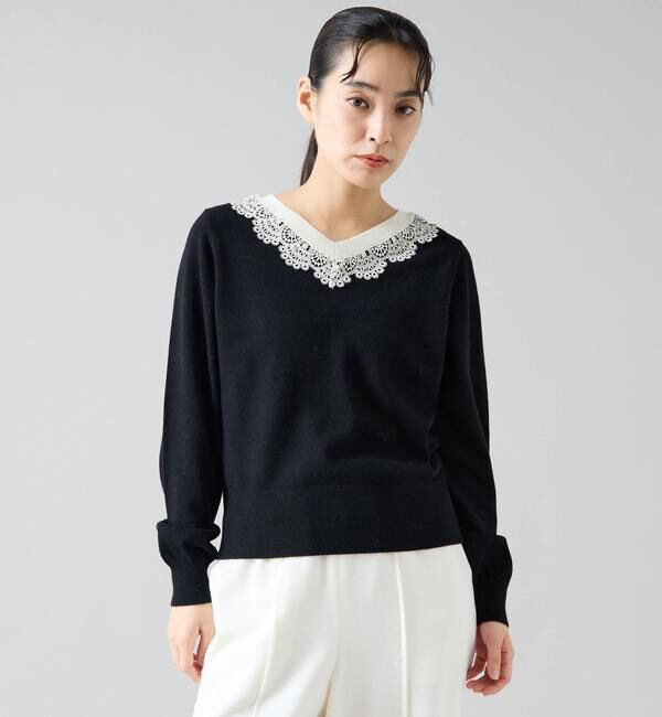 TIARA「バイカラーレースネックニット」|ニット・セーター|ブラック