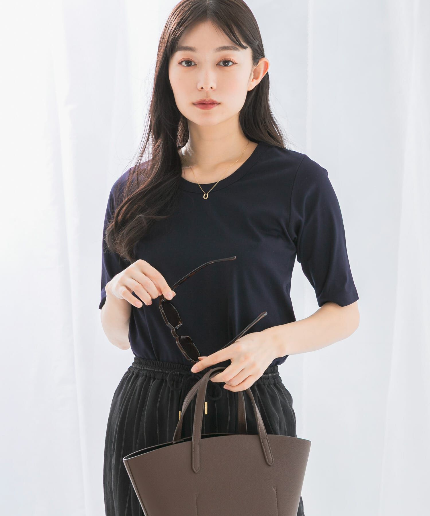 URBAN RESEARCH ROSSO「スーピマコットンUネックカットソー」|Tシャツ・カットソー|ネイビー