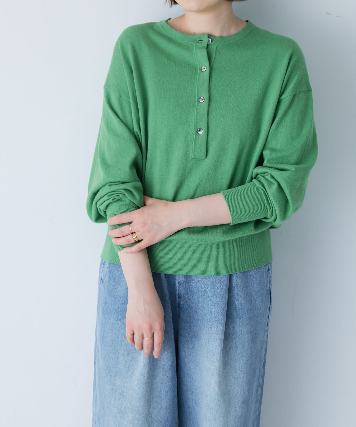 かぐれ「コットンカシミヤヘンリーネックニット」|ニット・セーター|グリーン