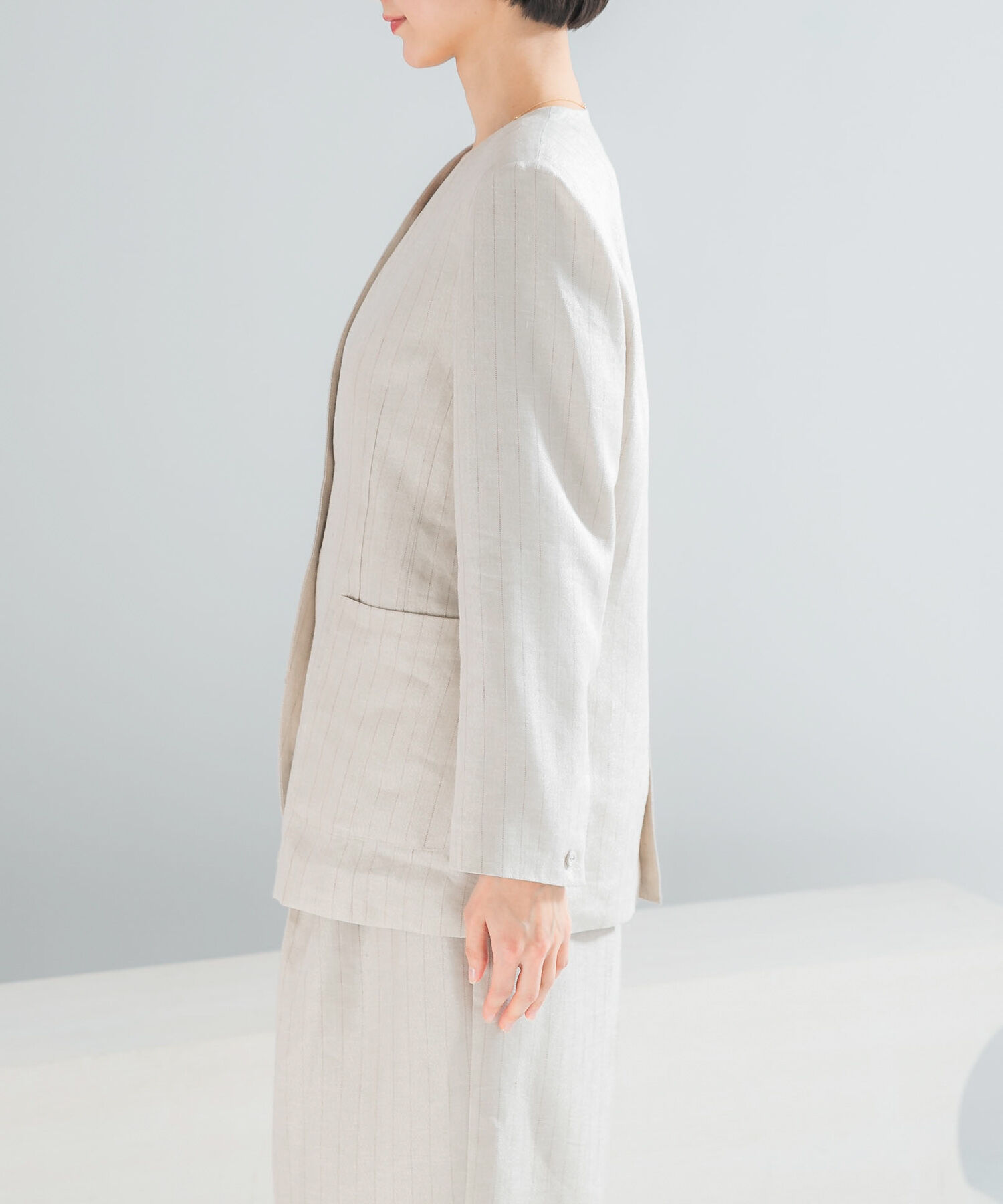 URBAN RESEARCH ROSSO「ラメリネンストライプノーカラージャケット」|ノーカラージャケット|