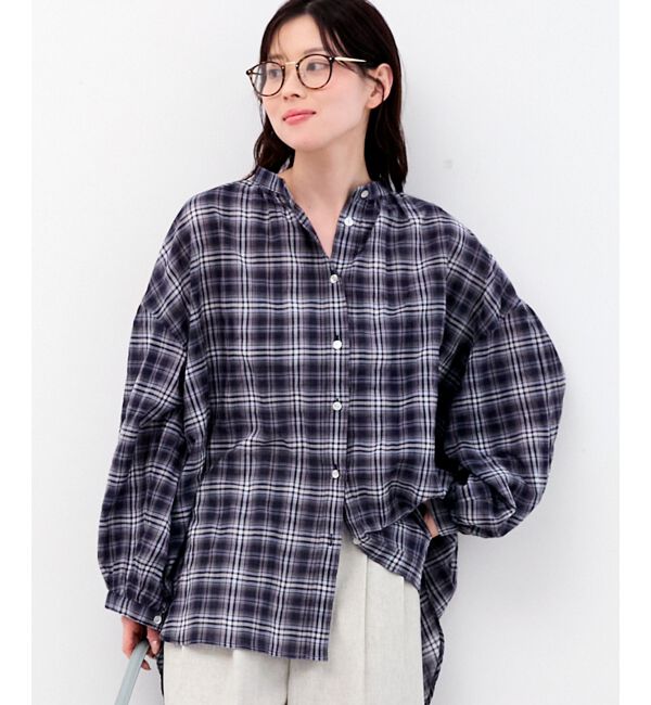  「《WEB限定アイテム》シアーガーゼバックギャザーチェックシャツ」|シャツ・ブラウス|ブラック柄