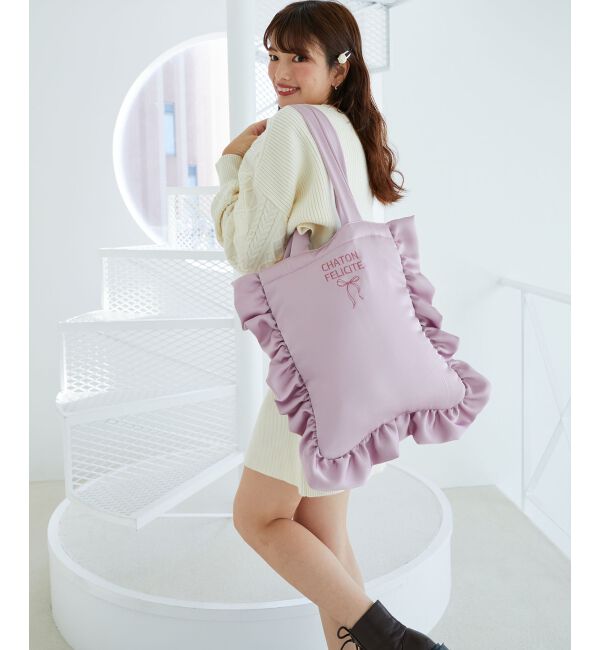 MAJESTICLEGON「サテンフリルロゴトート」|トートバッグ|ピンク