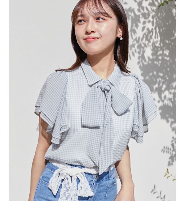  「2wayフリルスリーブブラウス」|シャツ・ブラウス|グリーン柄