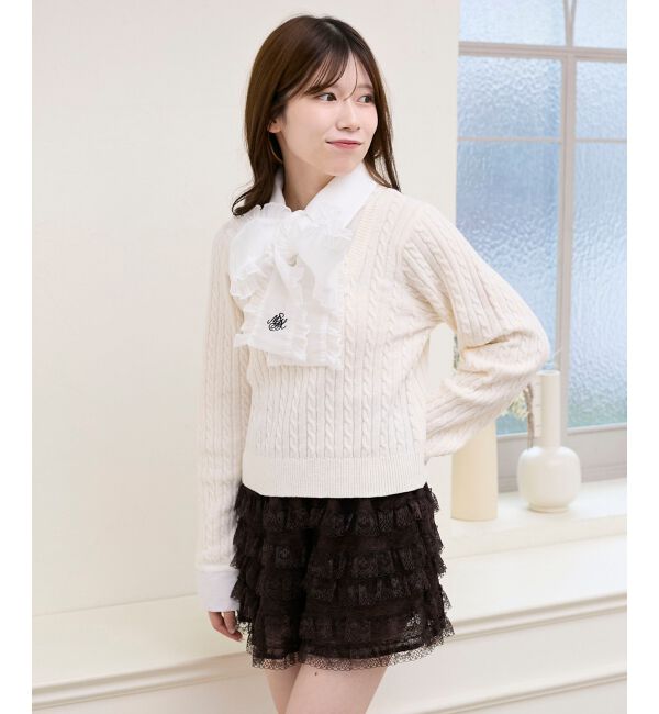  「フリルトリムリボンタイセットニット」|ニット・セーター|アイボリー