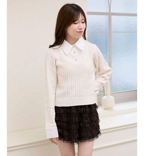  「フリルトリムリボンタイセットニット」|ニット・セーター|