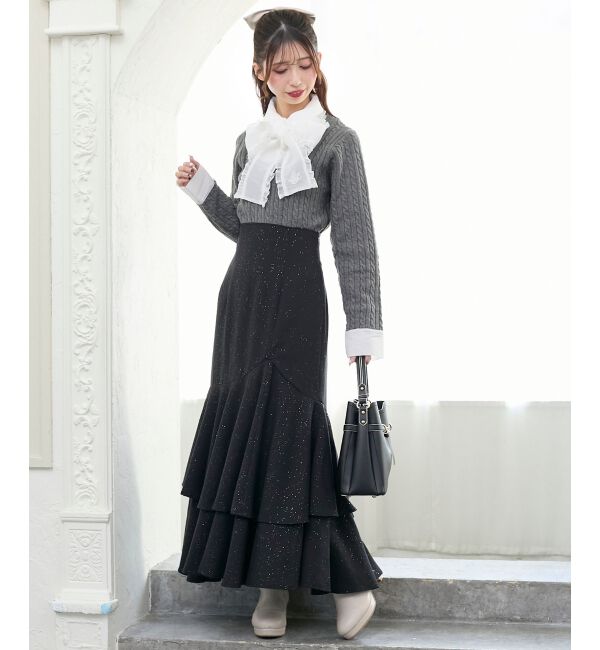  「フリルトリムリボンタイセットニット」|ニット・セーター|