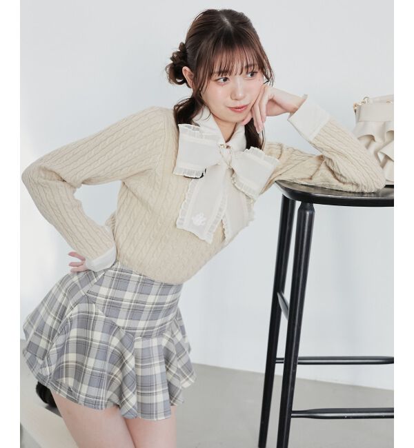  「フリルトリムリボンタイセットニット」|ニット・セーター|