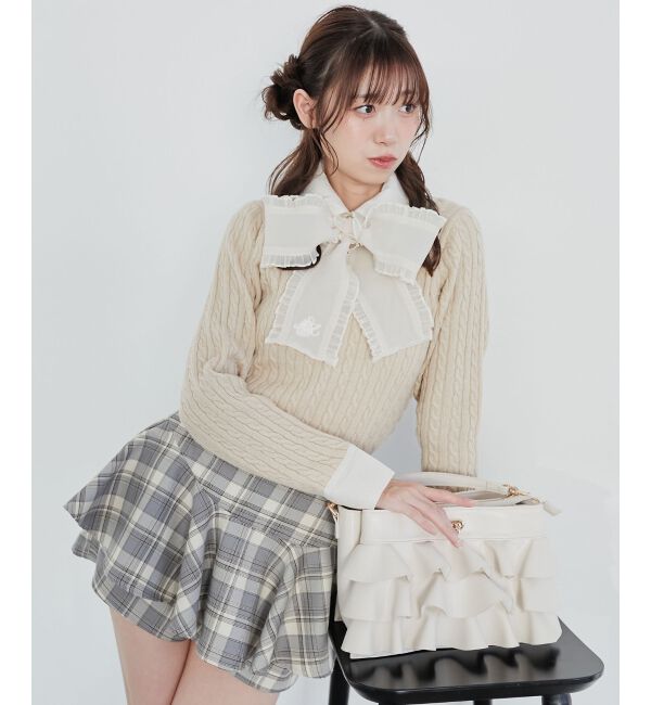  「フリルトリムリボンタイセットニット」|ニット・セーター|ベージュ
