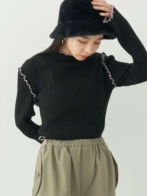 earth music&ecology「配色メローリブニットプルオーバー」|ニット・セーター|ブラック