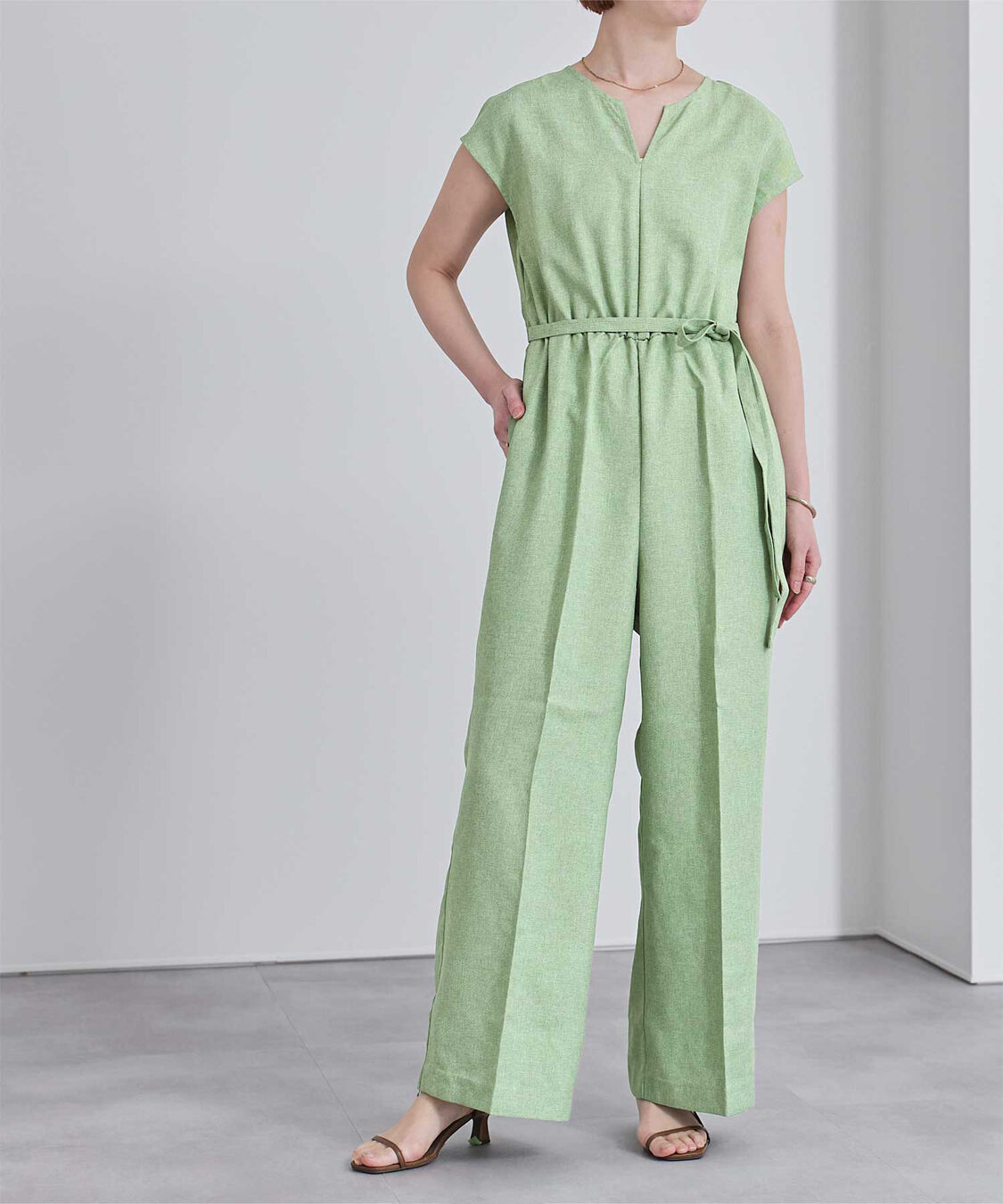 ur's「リネンライクヘンリーネックオールインワン」|オールインワン|アップルグリーン