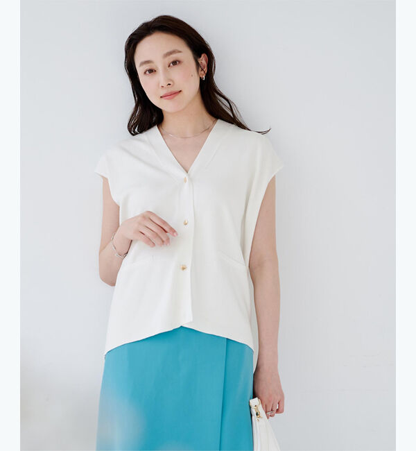 ur's「ゴールド釦Vネックフレンチスリーブニット」|ニット・セーター|ホワイト