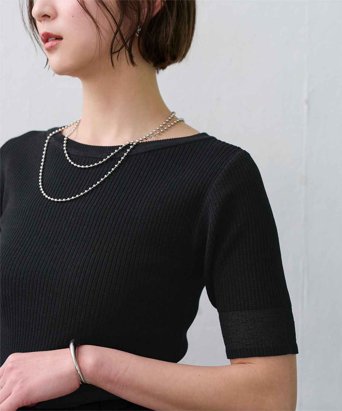 ur's「袖口シアー5分袖リブニット」|ニット・セーター|