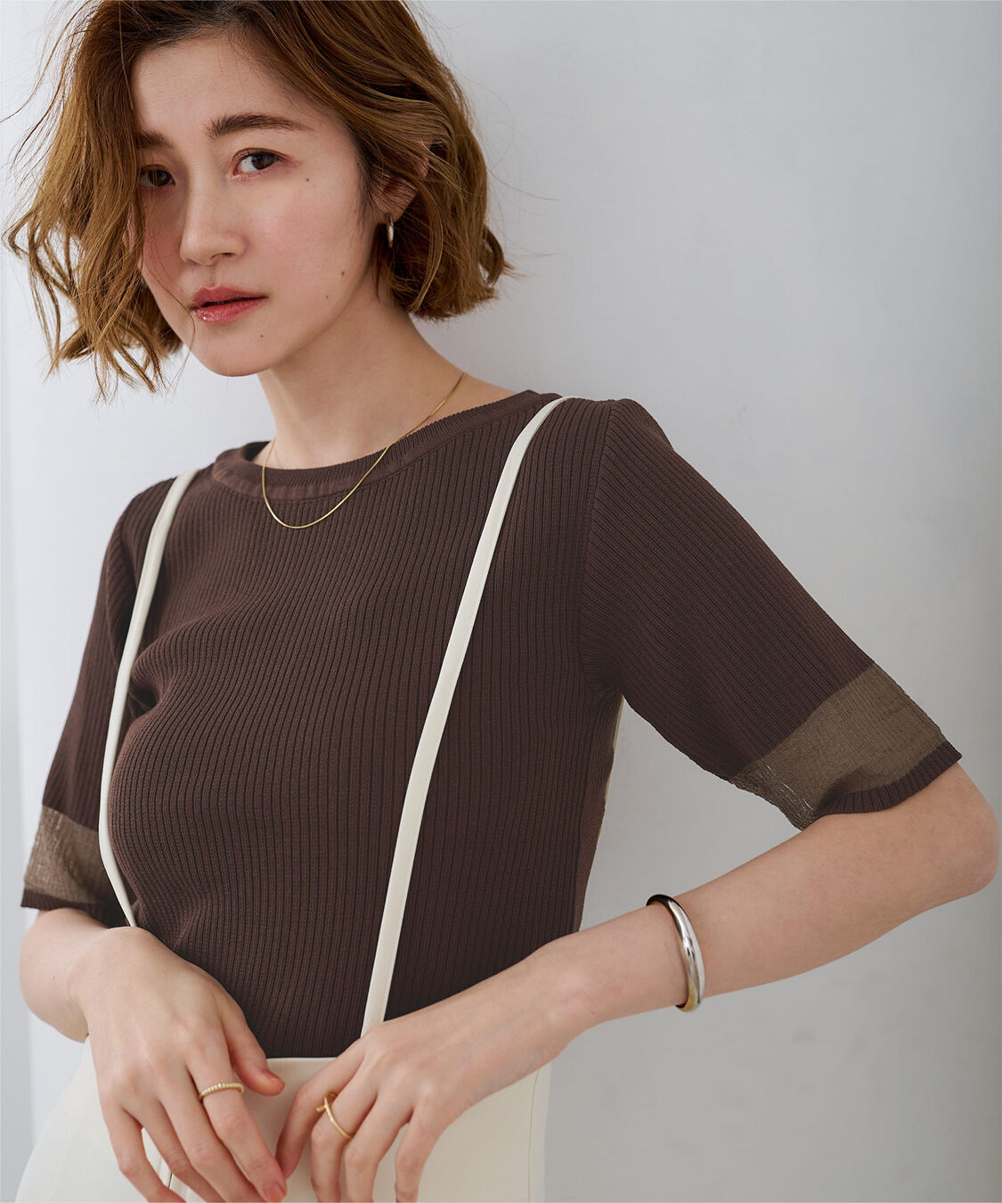 ur's「袖口シアー5分袖リブニット」|ニット・セーター|ブラウン