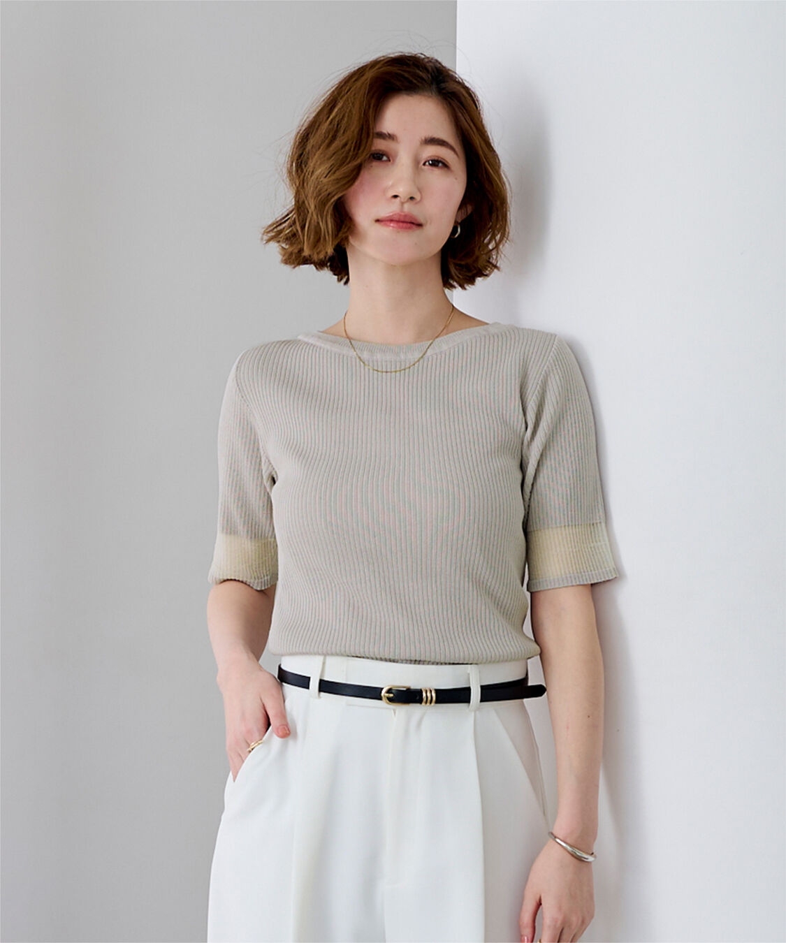 ur's「袖口シアー5分袖リブニット」|ニット・セーター|
