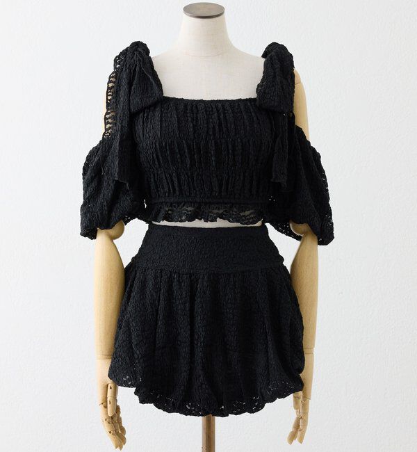  「swimwear/シャーリングオフショル-バルーンミニスカート（3点セット)」|その他|ブラック