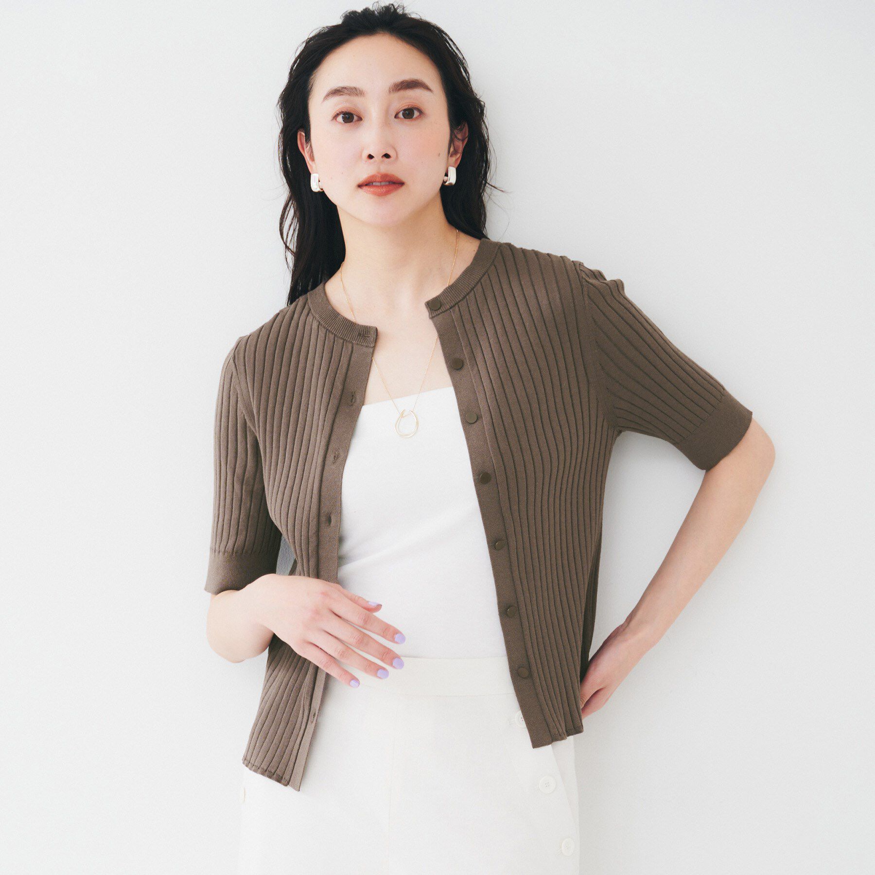 UNTITLED「【五分袖/タイト】コットンリネン2WAYニット」|ニット・セーター|モカブラウン(042