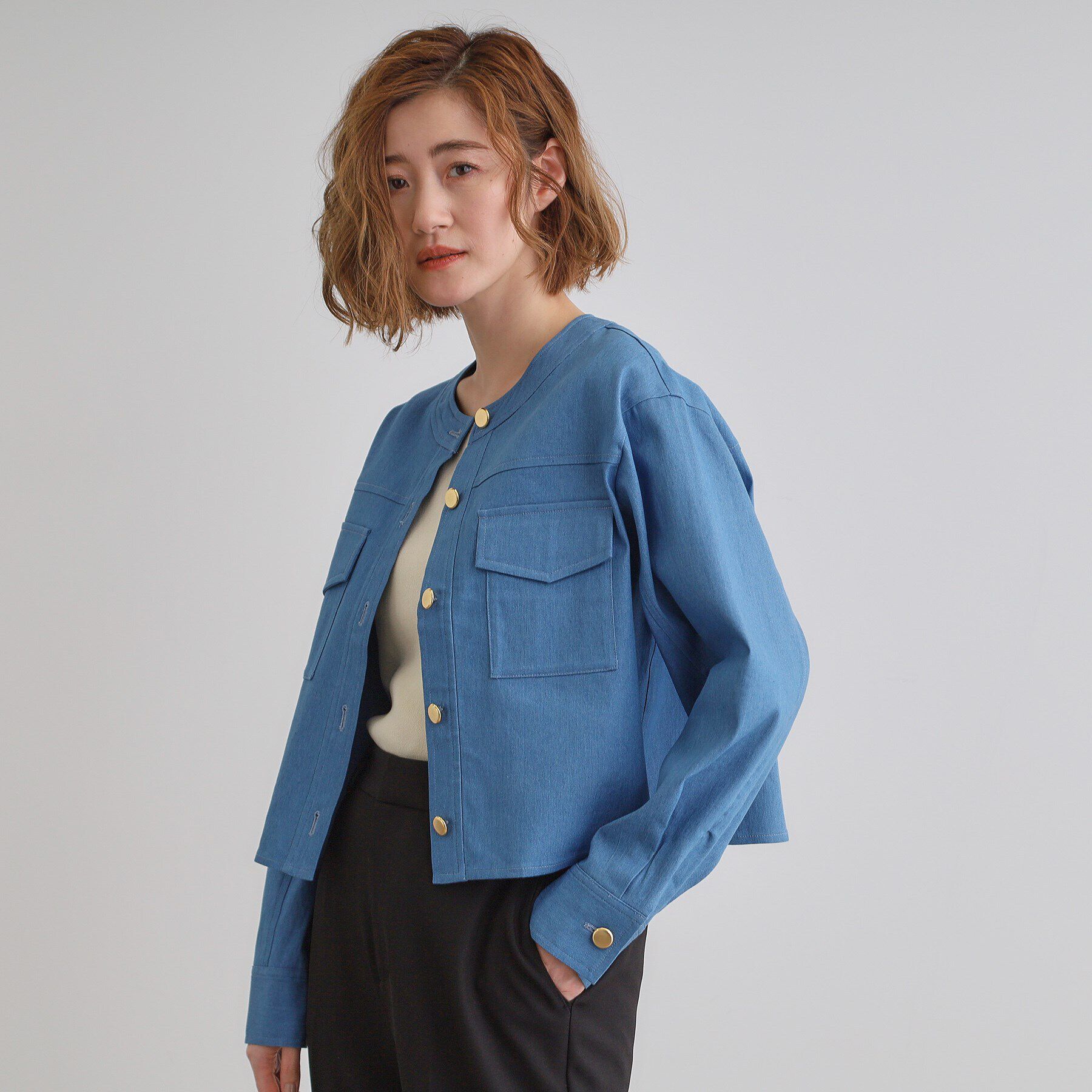 grove「ライトデニムノーカラージャケット」|デニムジャケット|