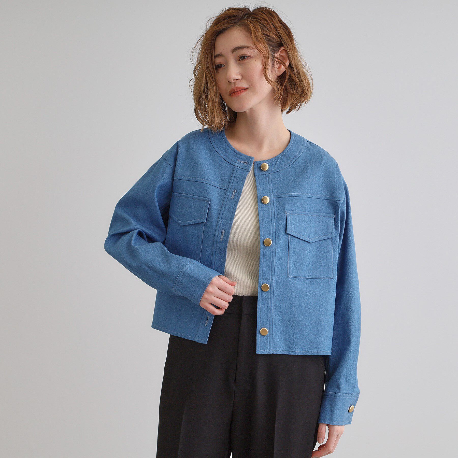 grove「ライトデニムノーカラージャケット」|デニムジャケット|ブルー(092)