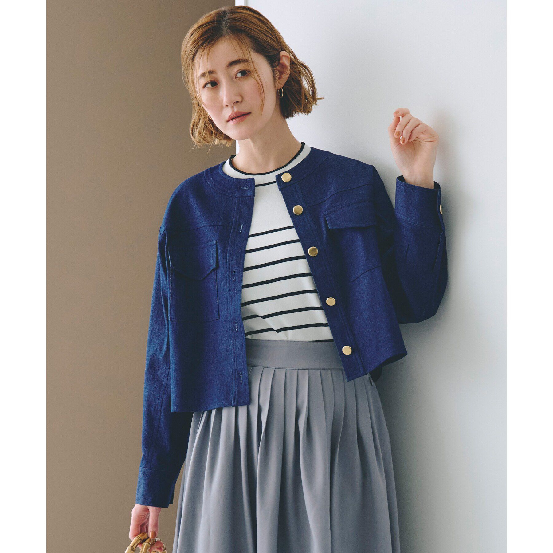 grove「ライトデニムノーカラージャケット」|デニムジャケット|ネイビー(094)