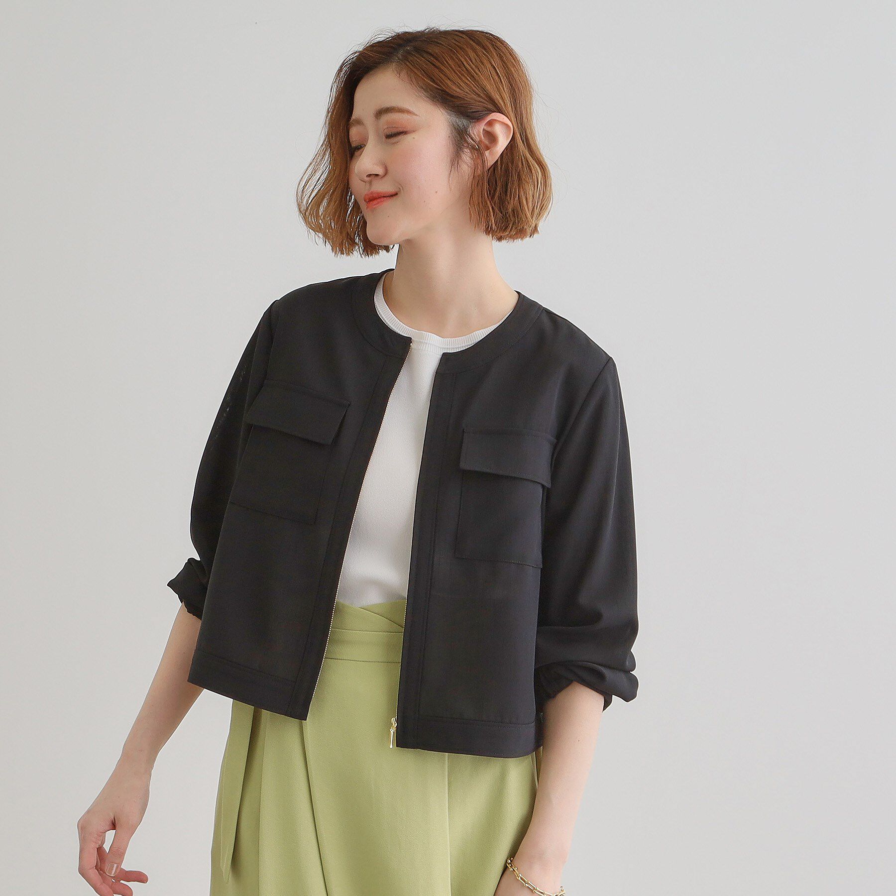 grove「麻調ノーカラーシアーブルゾン」|ブルゾン・スタジャン|