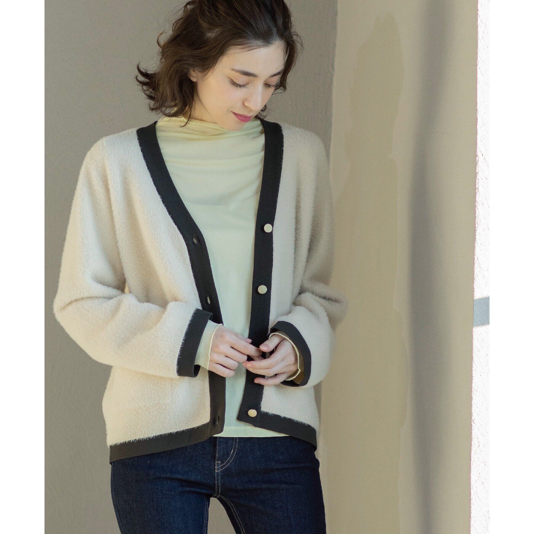 OPAQUE.CLIP「フェザーヤーン配色Vネックカーディガン【洗濯機洗い可】」|カーディガン|