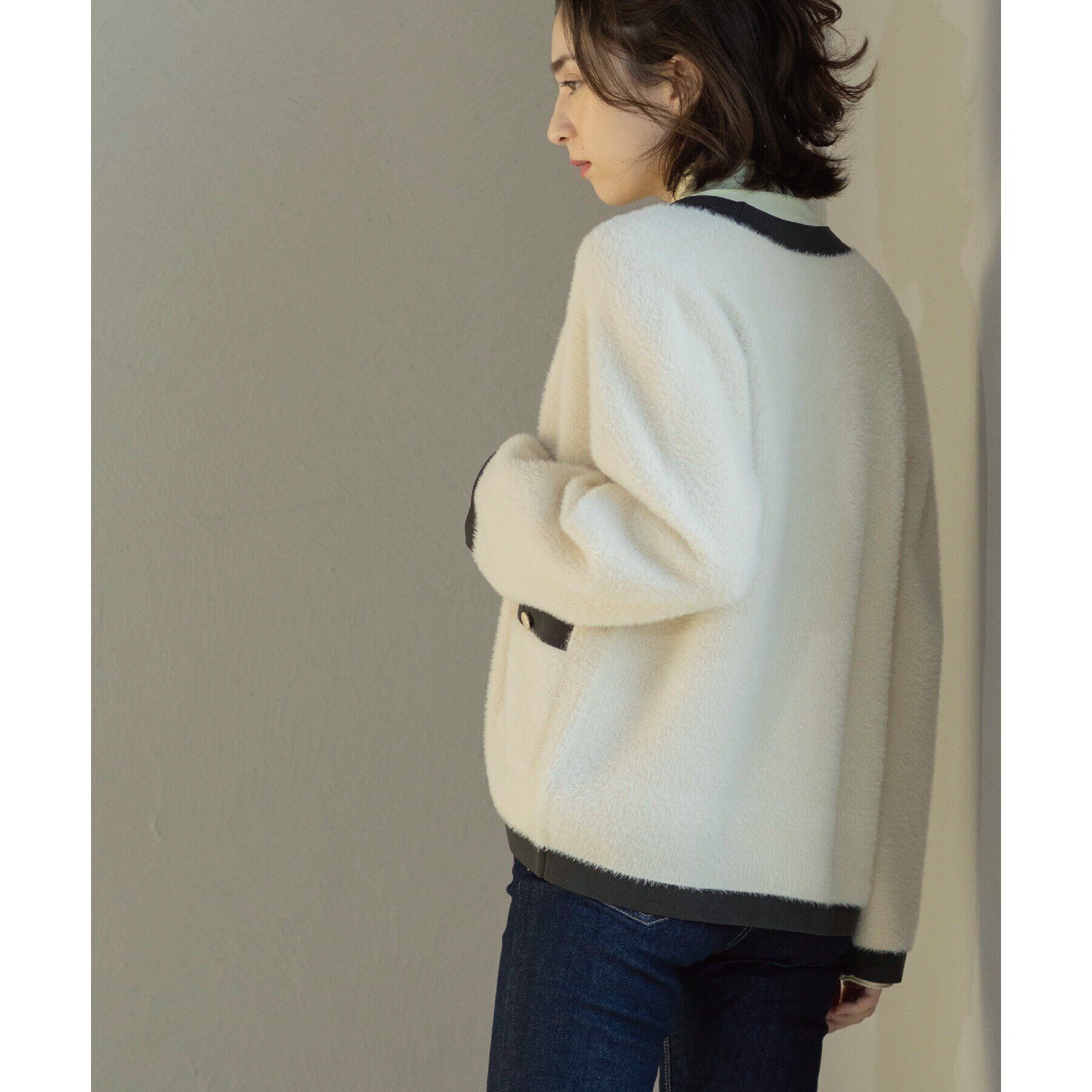 OPAQUE.CLIP「フェザーヤーン配色Vネックカーディガン【洗濯機洗い可】」|カーディガン|