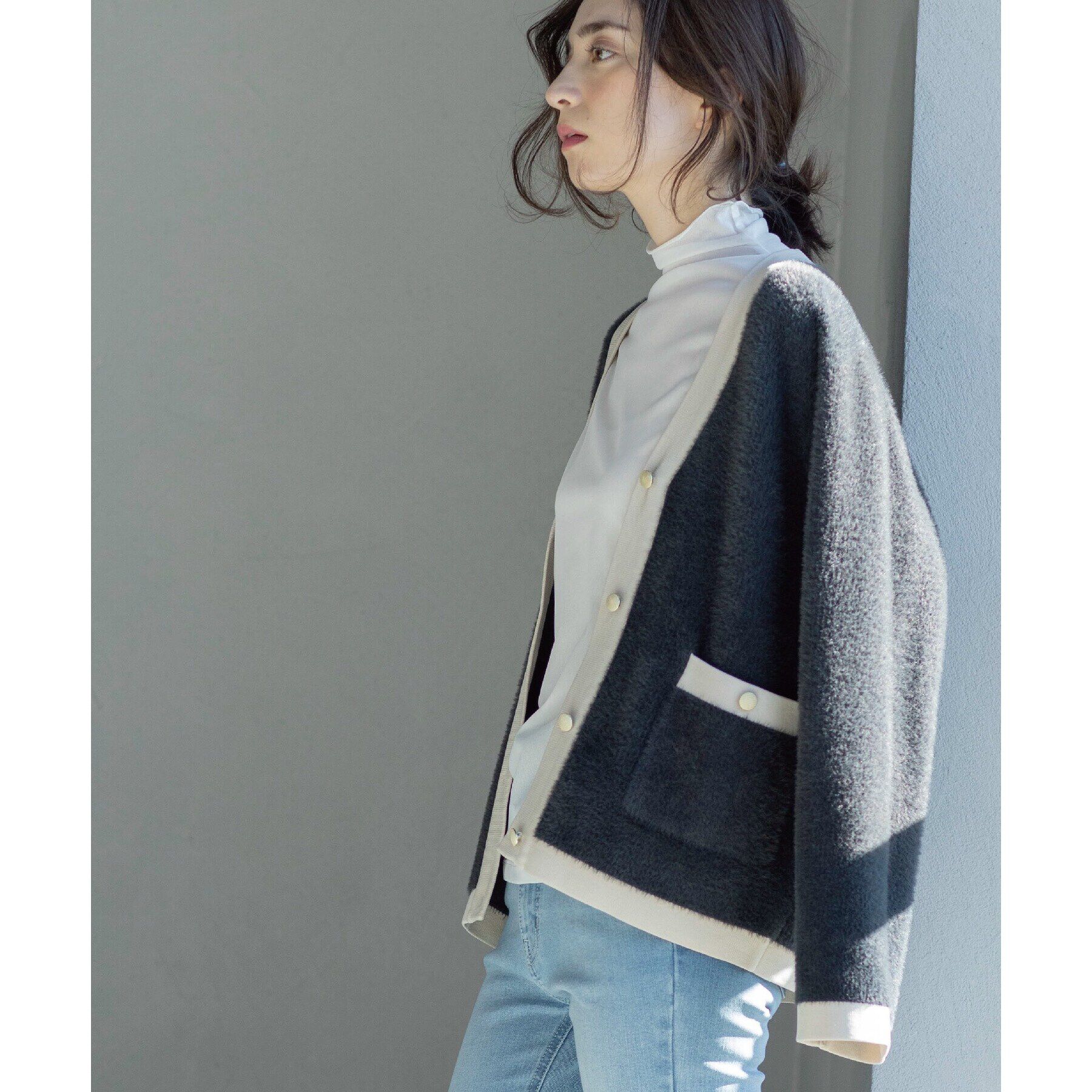 OPAQUE.CLIP「フェザーヤーン配色Vネックカーディガン【洗濯機洗い可】」|カーディガン|