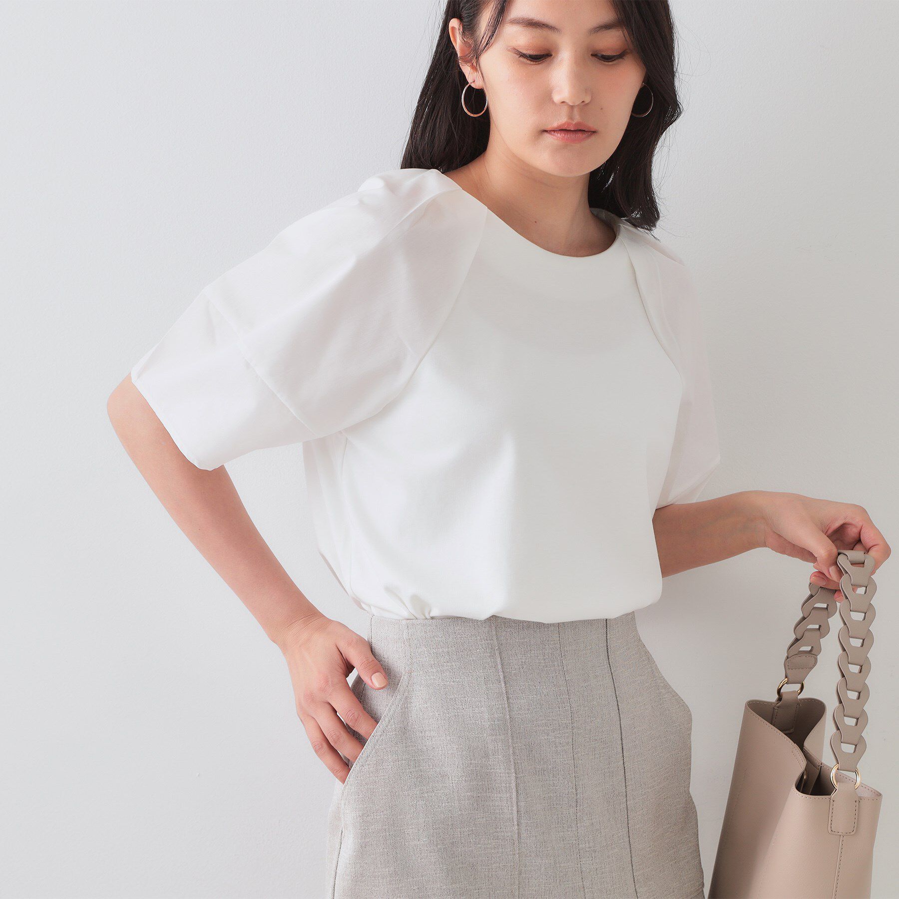 OPAQUE.CLIP「《S-LLサイズ》ランタンスリーブトップス【UV/接触冷感/洗濯機洗い可】」|Tシャツ・カットソー|ホワイト(001)