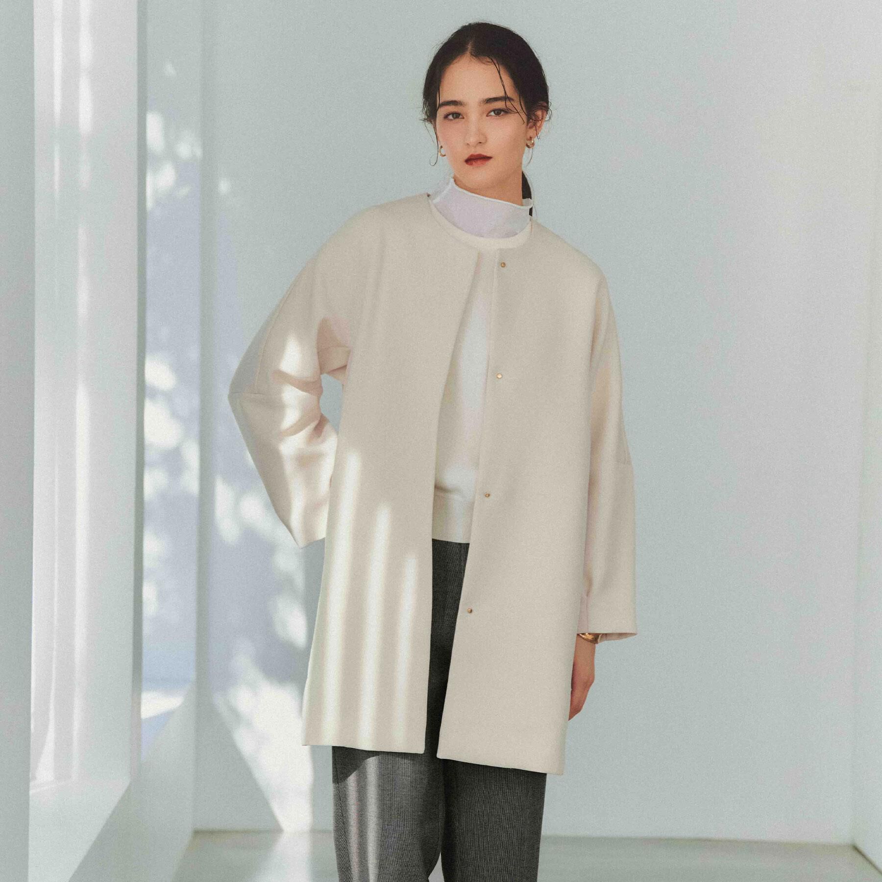 OPAQUE.CLIP「フォルムスリーブミドルコート【洗濯機OK】」|ノーカラーコート|