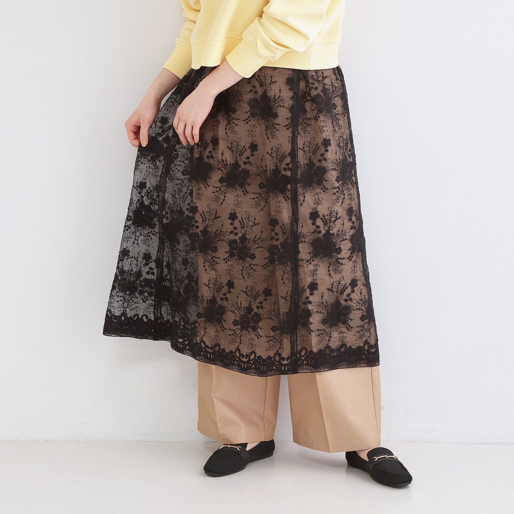 OPAQUE.CLIP「シアーレース刺繍レイヤードスカート【洗濯機OK】」|スカート|ブラック(019)
