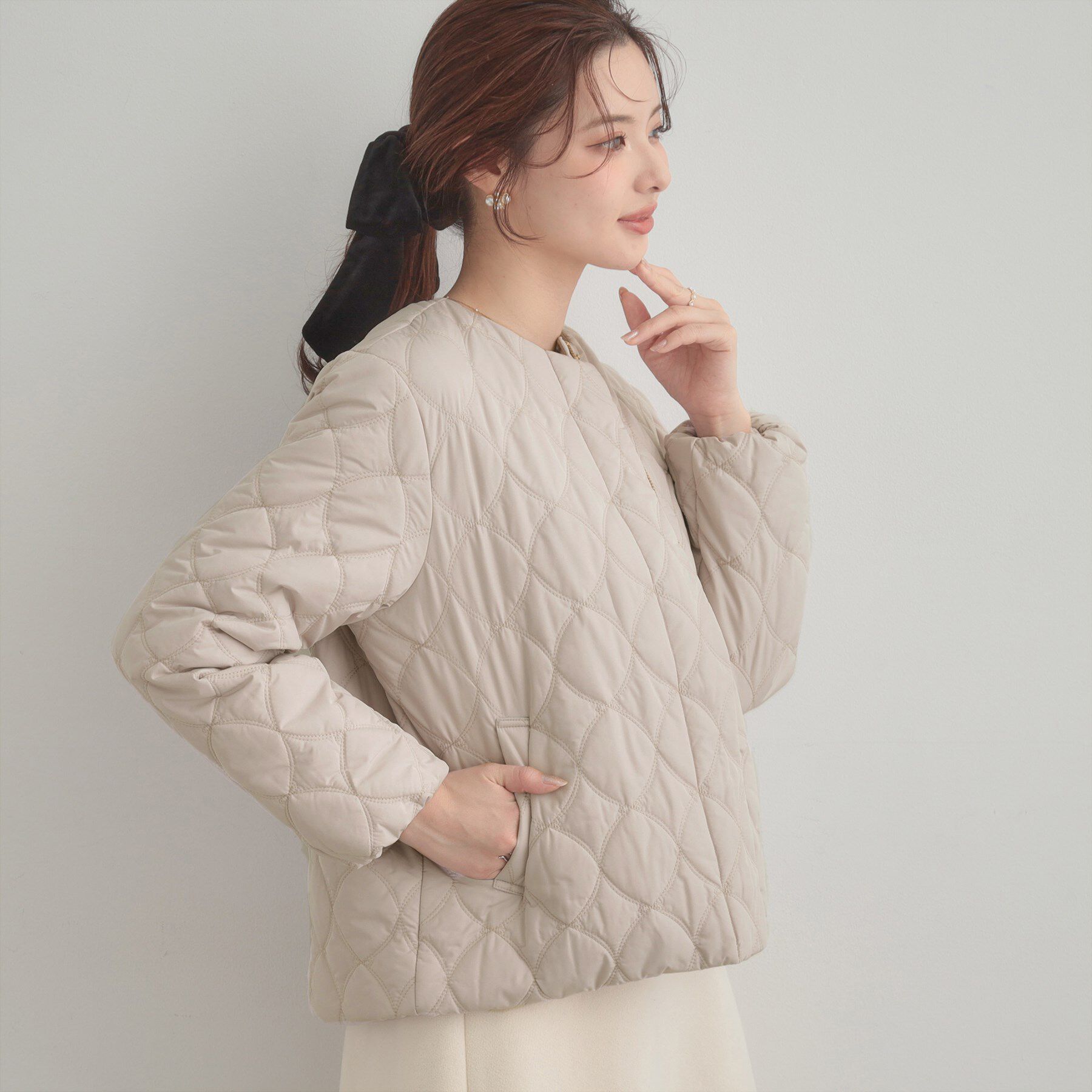 Couture broach「【春色追加・撥水・洗える】リボンキルティングジャケット」|ノーカラージャケット|