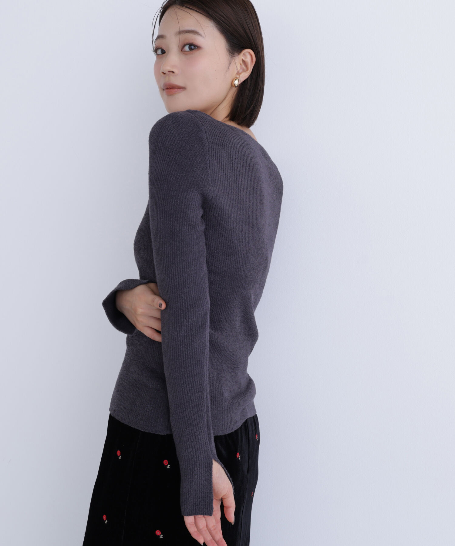 「ボートネックモールリブニット」|ニット・セーター|チャコール1