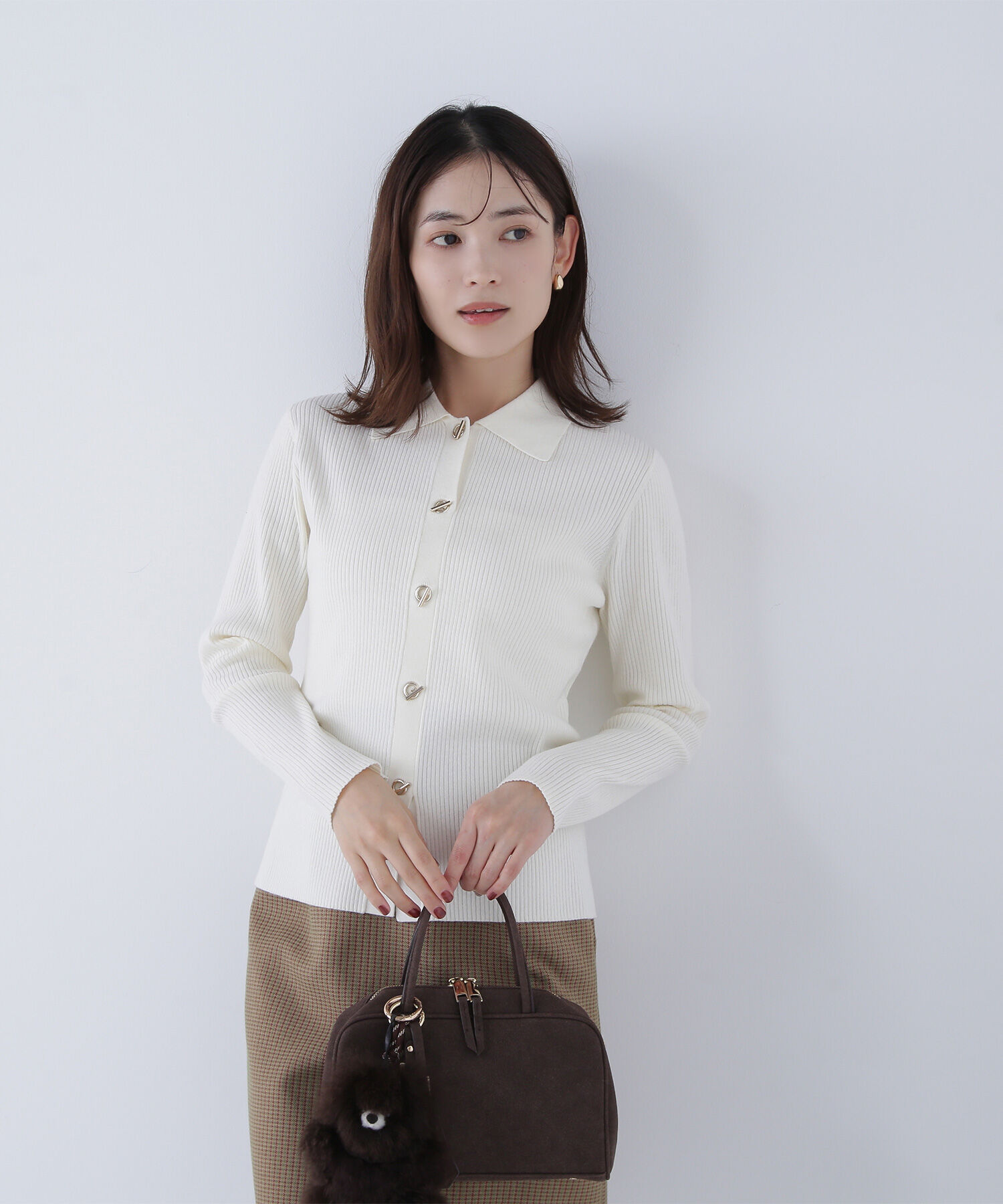  「ハトメボタンポロカラーニット」|ニット・セーター|オフホワイト1