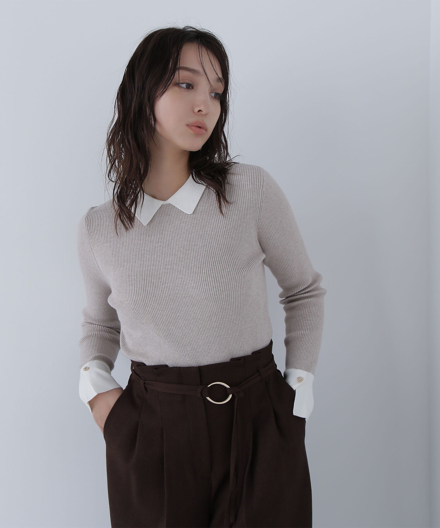  「襟付ベーシックリブニット」|ニット・セーター|ベージュ&times;オ  2