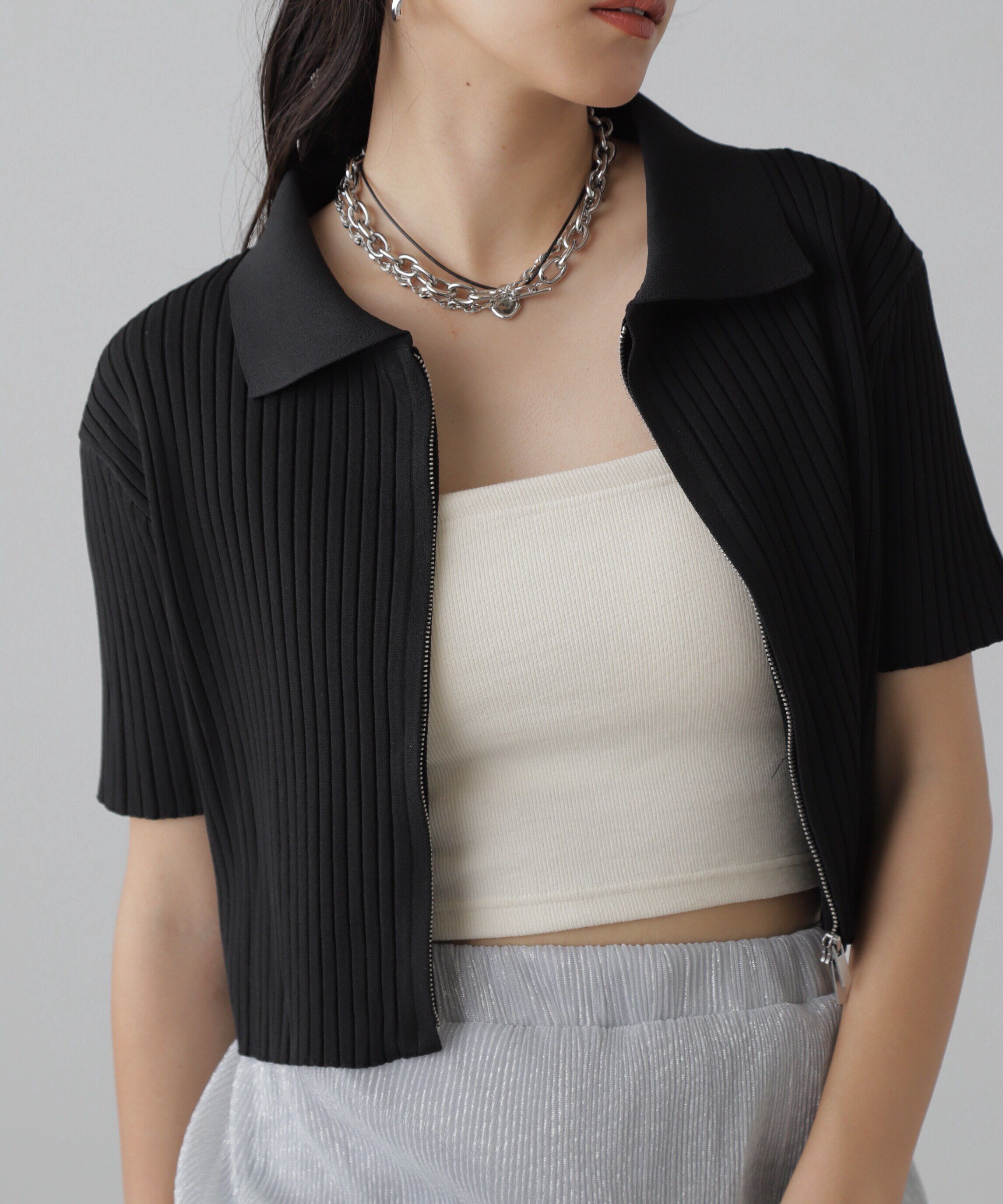  「襟付き半袖ジップニットカーディガン」|ニット・セーター|