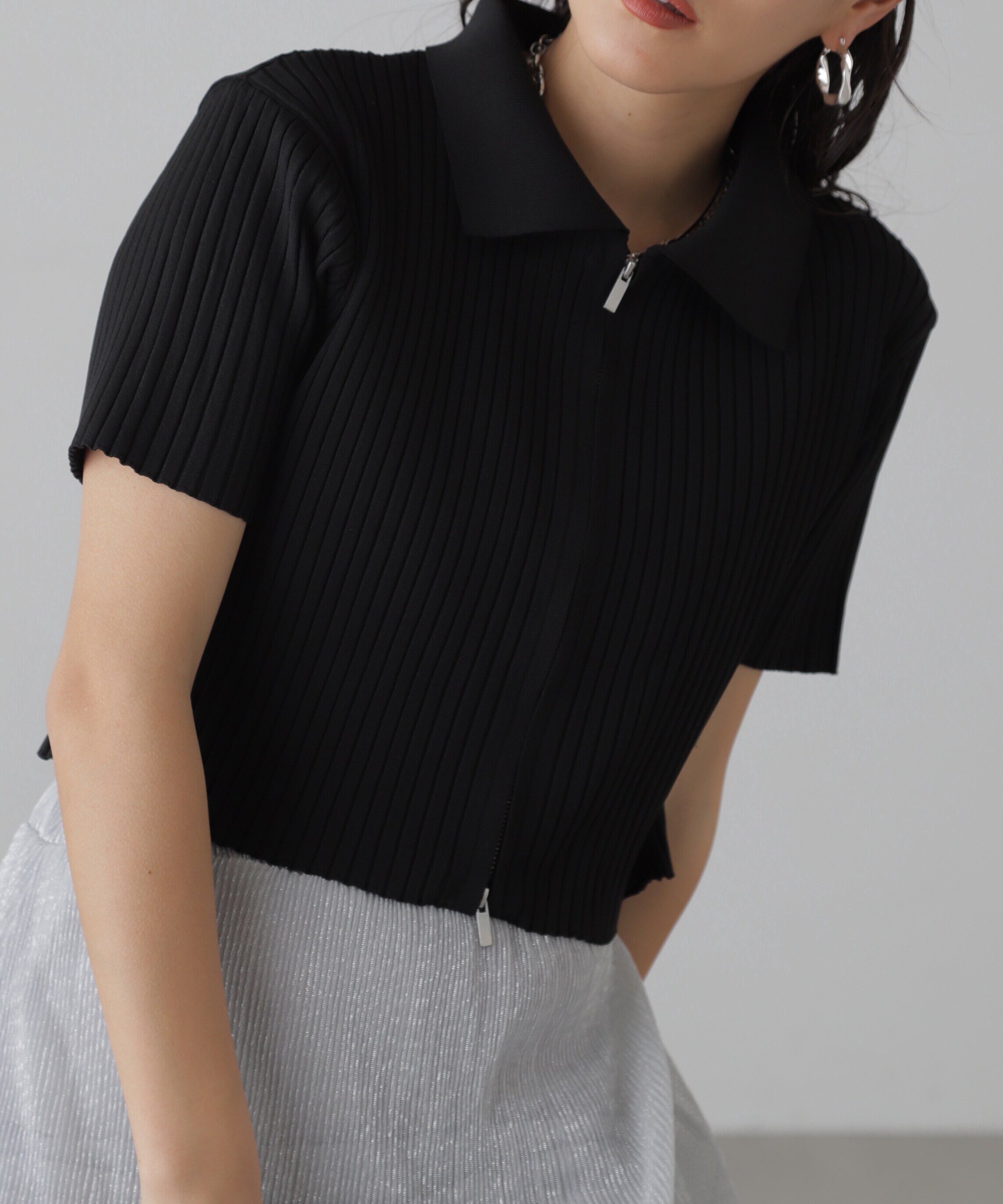  「襟付き半袖ジップニットカーディガン」|ニット・セーター|