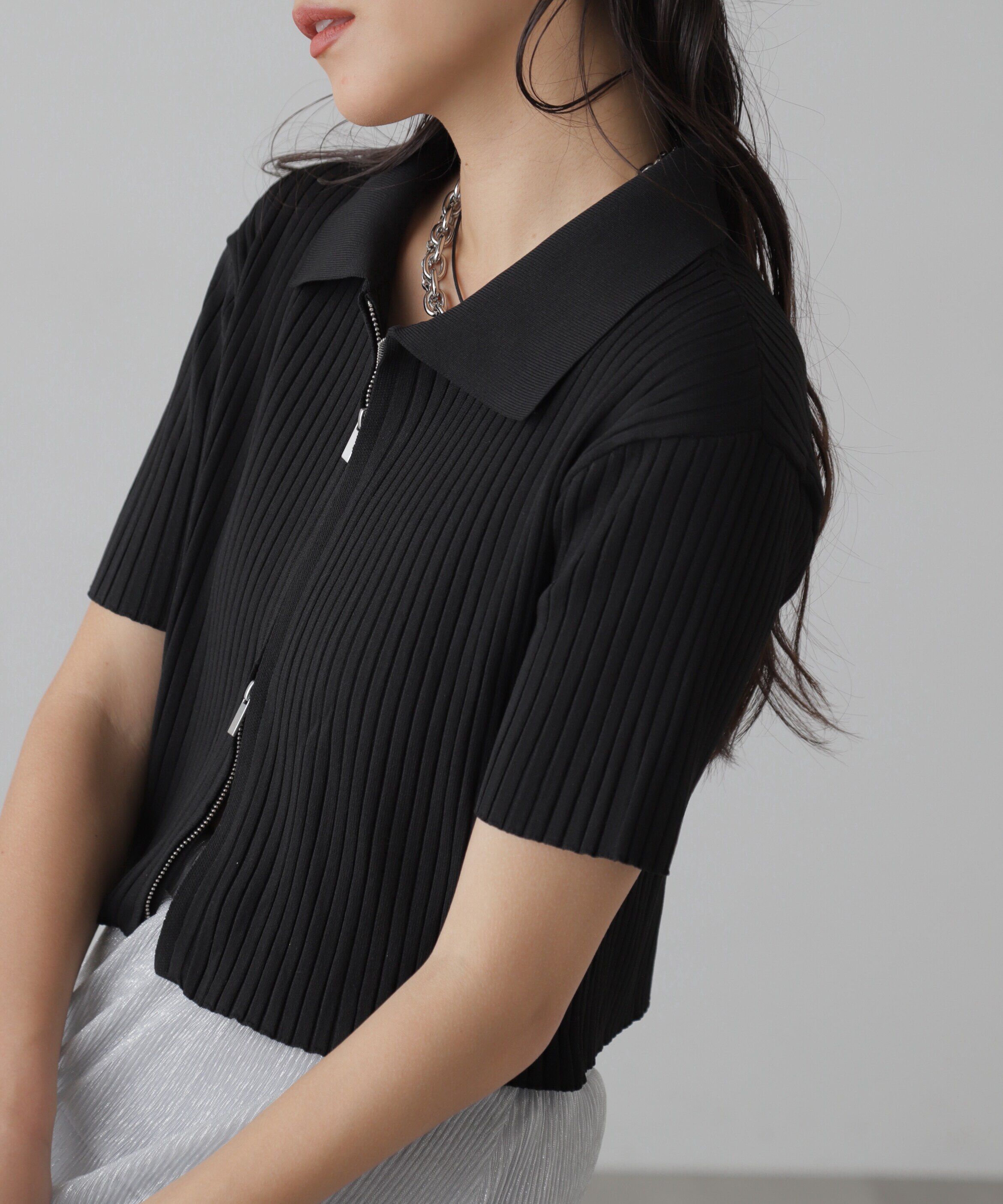  「襟付き半袖ジップニットカーディガン」|ニット・セーター|