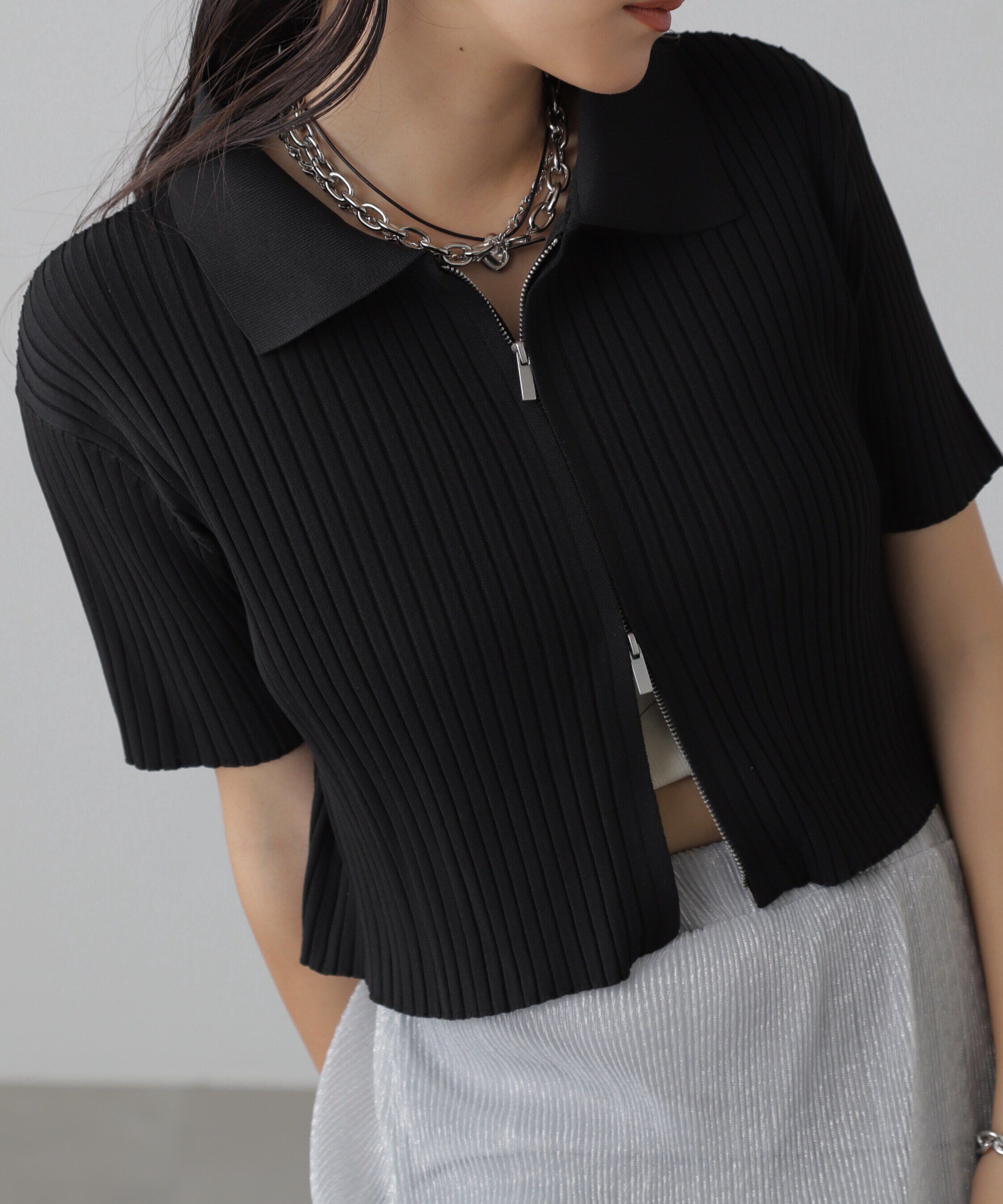  「襟付き半袖ジップニットカーディガン」|ニット・セーター|