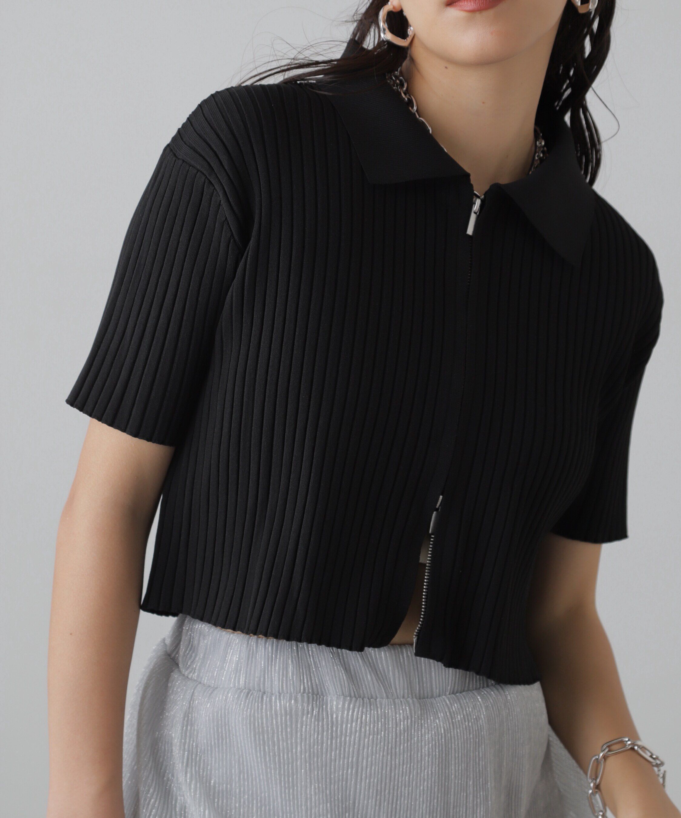  「襟付き半袖ジップニットカーディガン」|ニット・セーター|