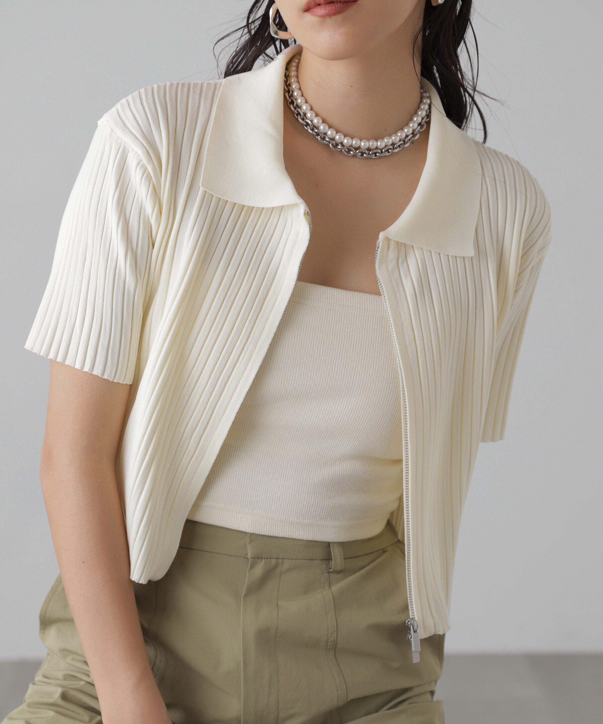  「襟付き半袖ジップニットカーディガン」|ニット・セーター|