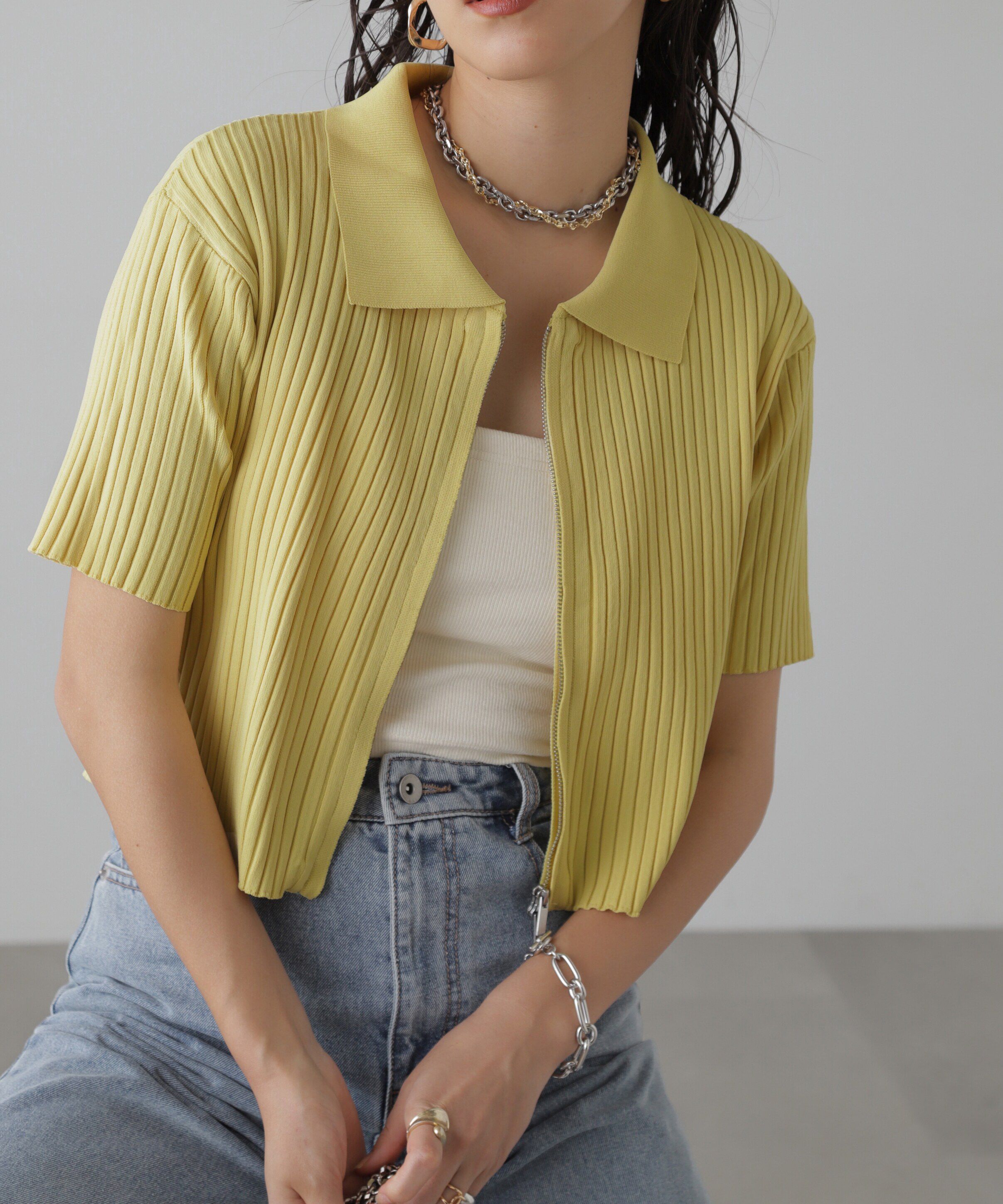  「襟付き半袖ジップニットカーディガン」|ニット・セーター|