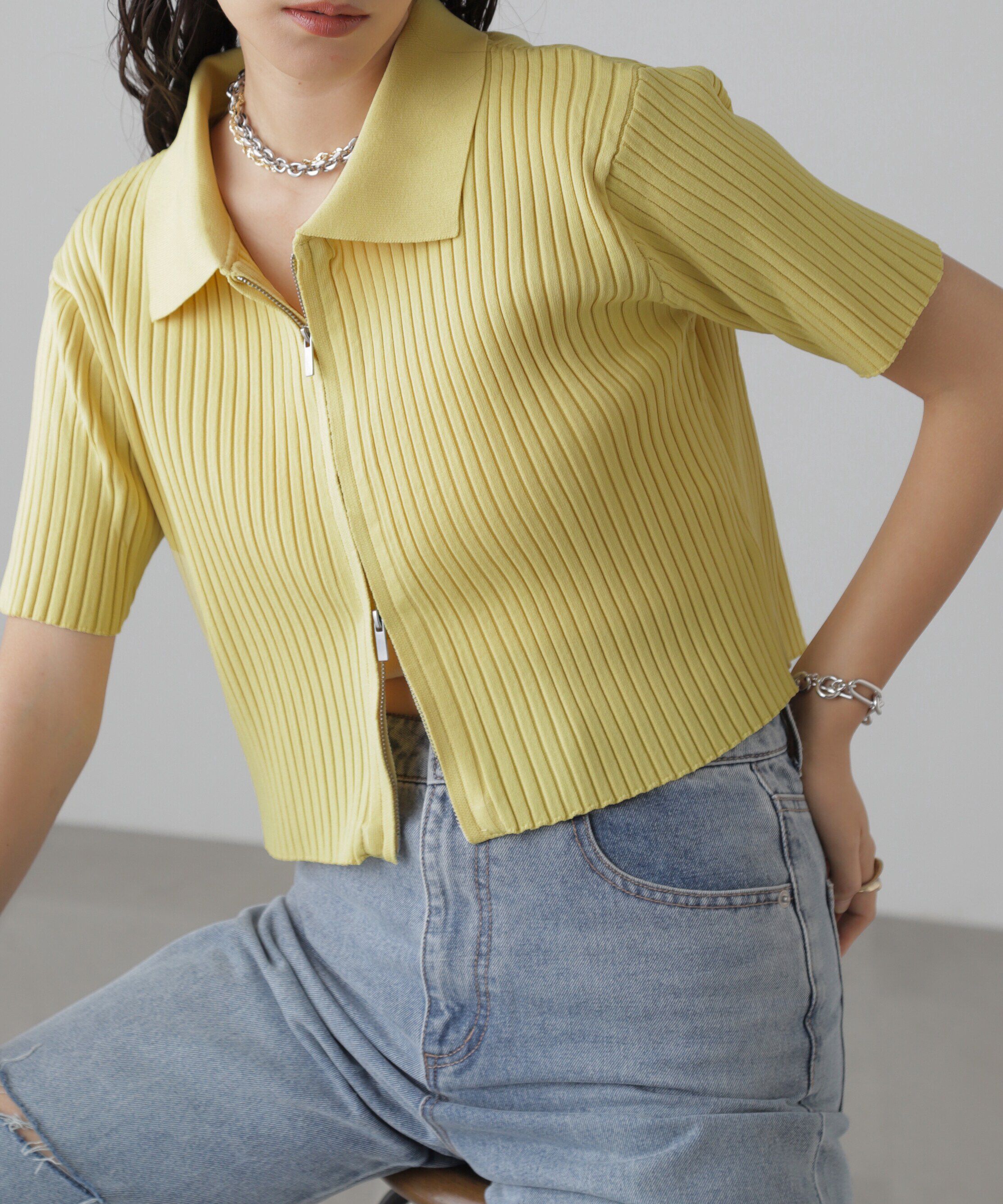  「襟付き半袖ジップニットカーディガン」|ニット・セーター|