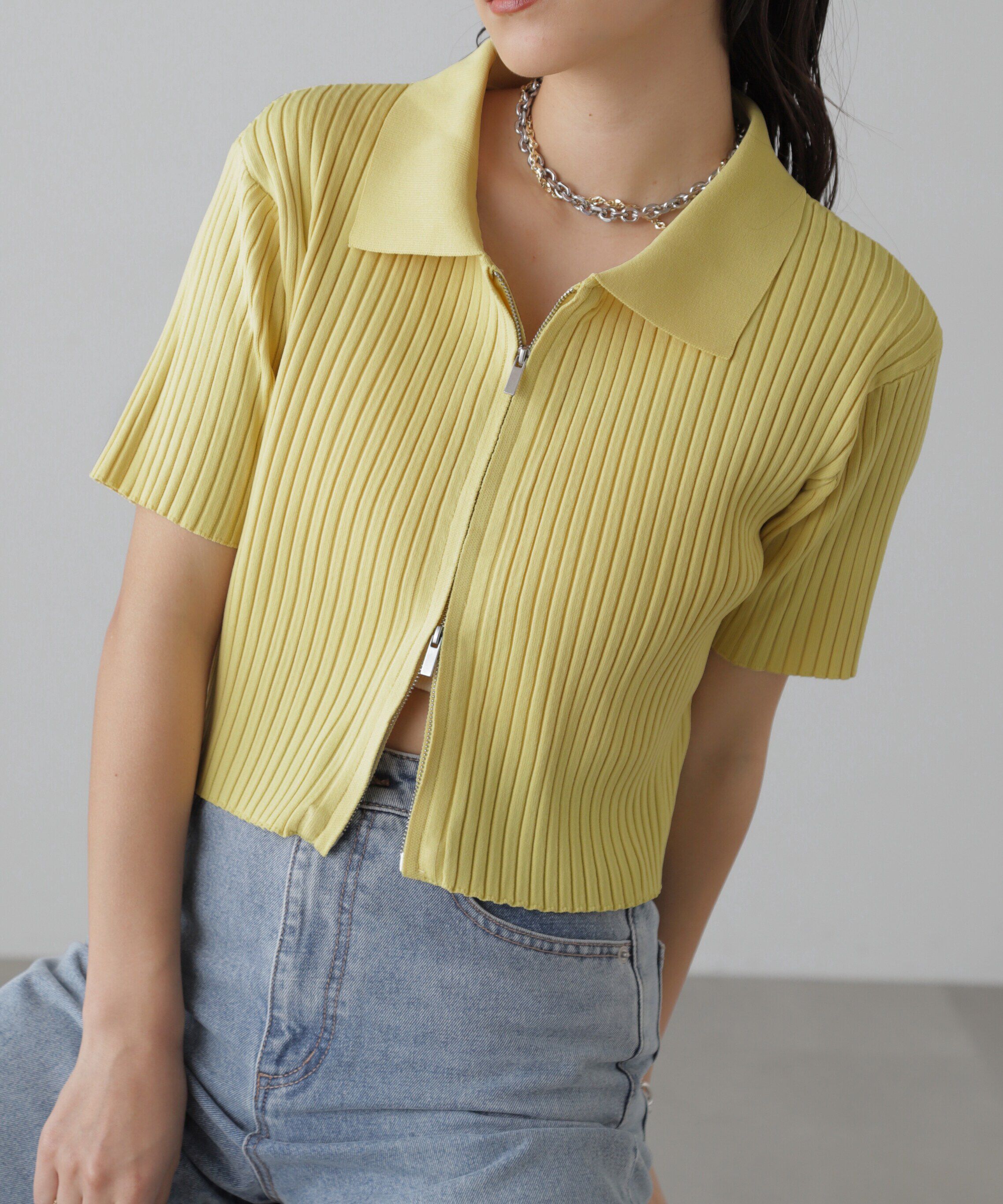  「襟付き半袖ジップニットカーディガン」|ニット・セーター|