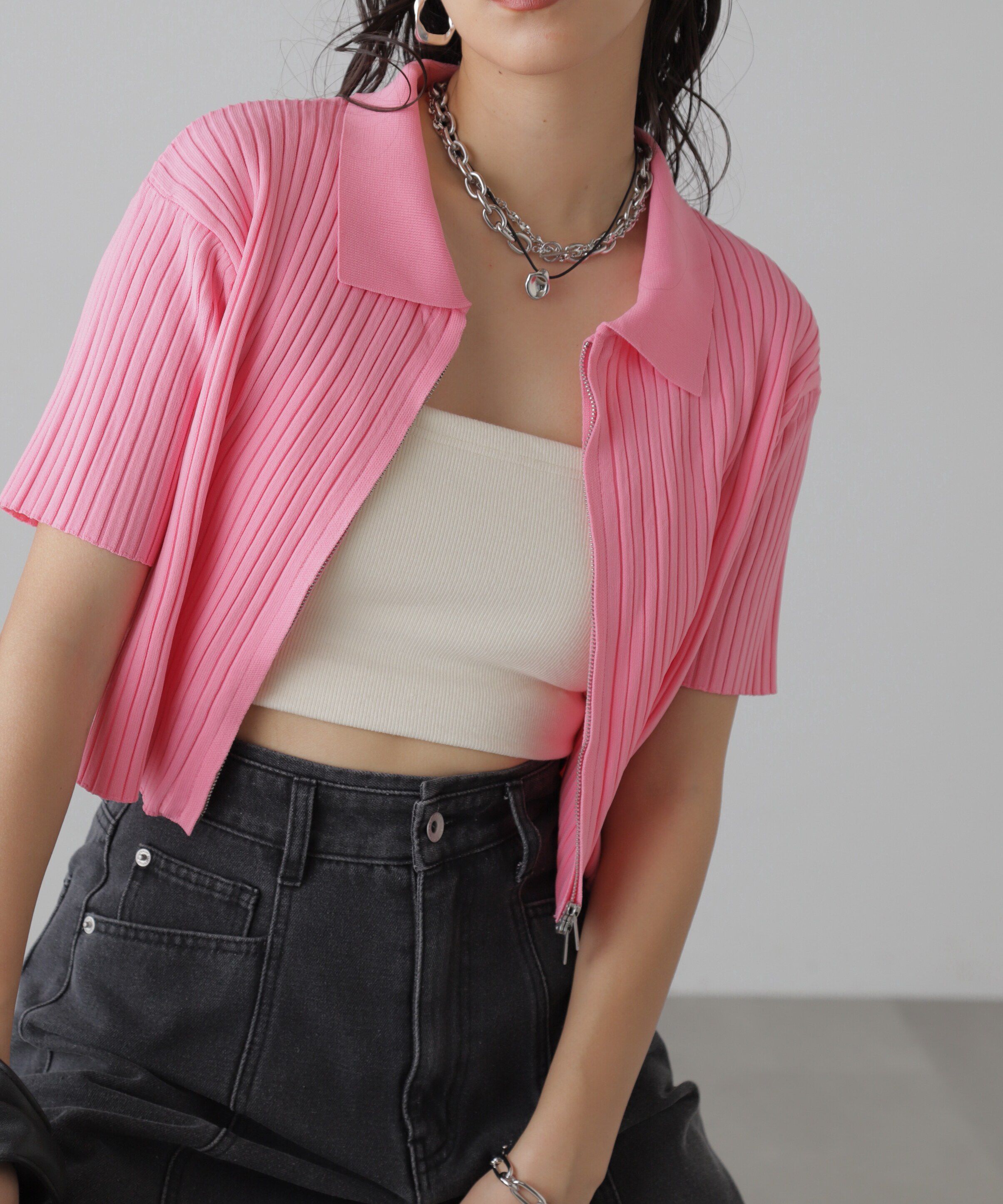  「襟付き半袖ジップニットカーディガン」|ニット・セーター|