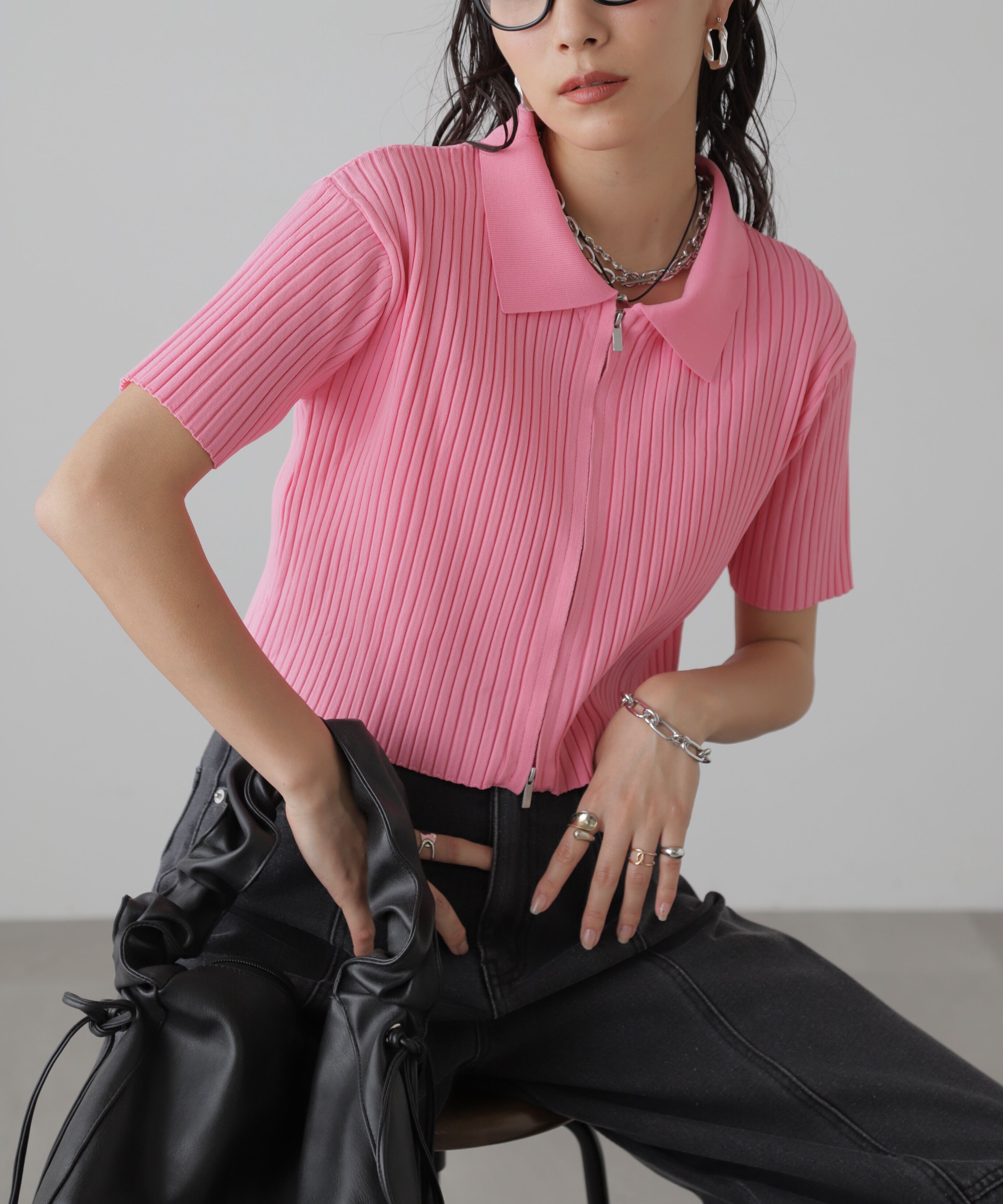  「襟付き半袖ジップニットカーディガン」|ニット・セーター|