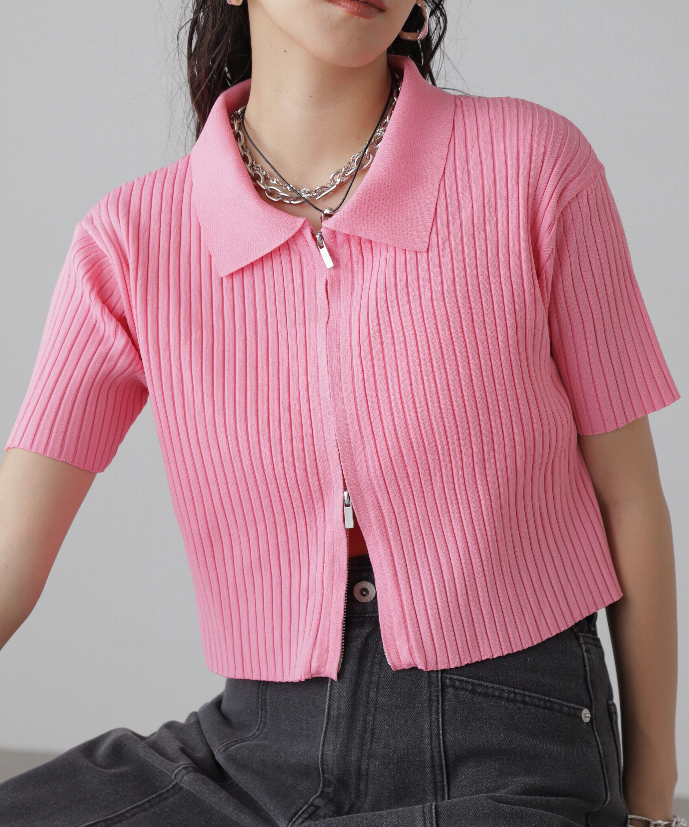  「襟付き半袖ジップニットカーディガン」|ニット・セーター|