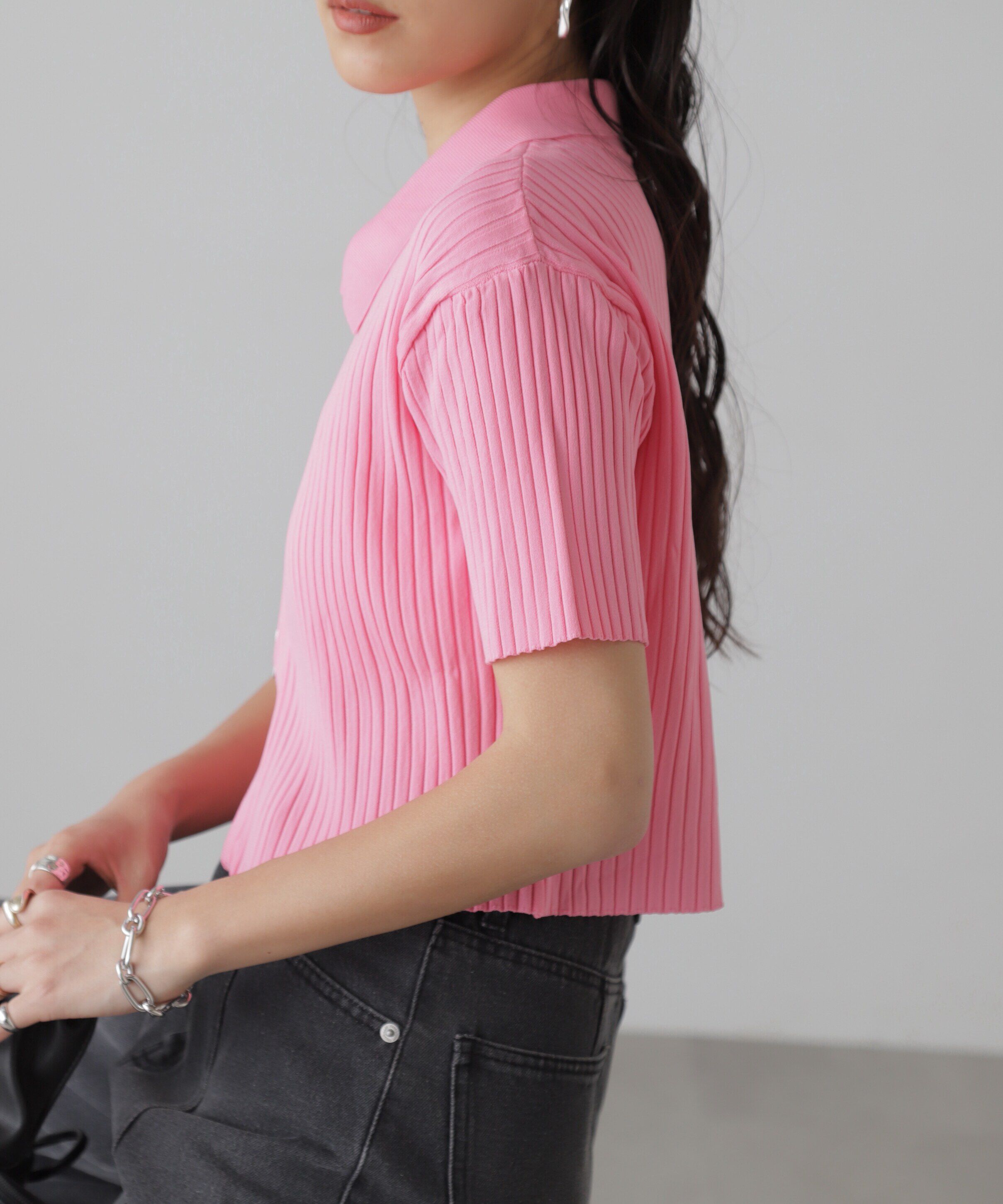  「襟付き半袖ジップニットカーディガン」|ニット・セーター|