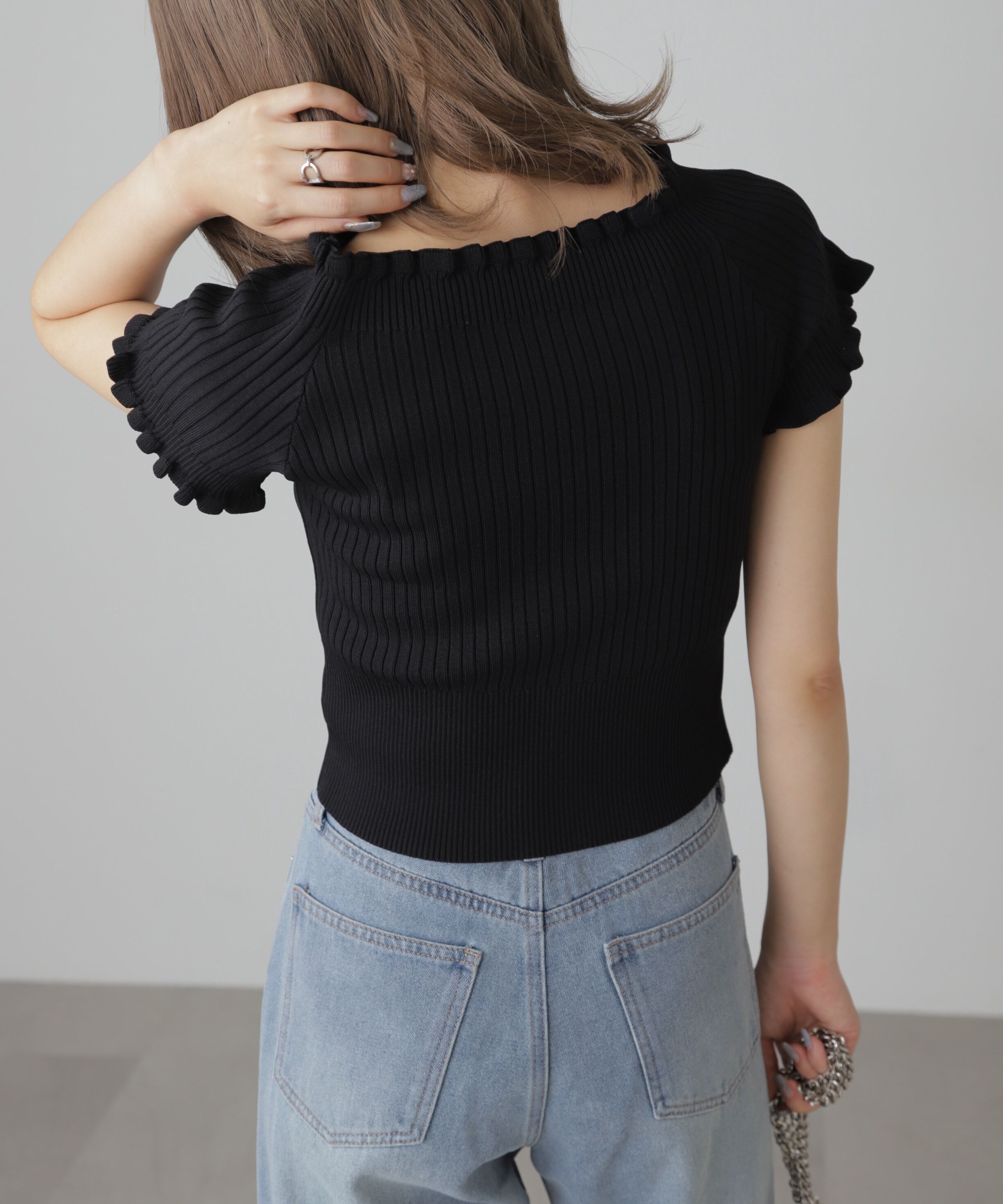  「2wayオフショルフリルリブ半袖ニット」|ニット・セーター|