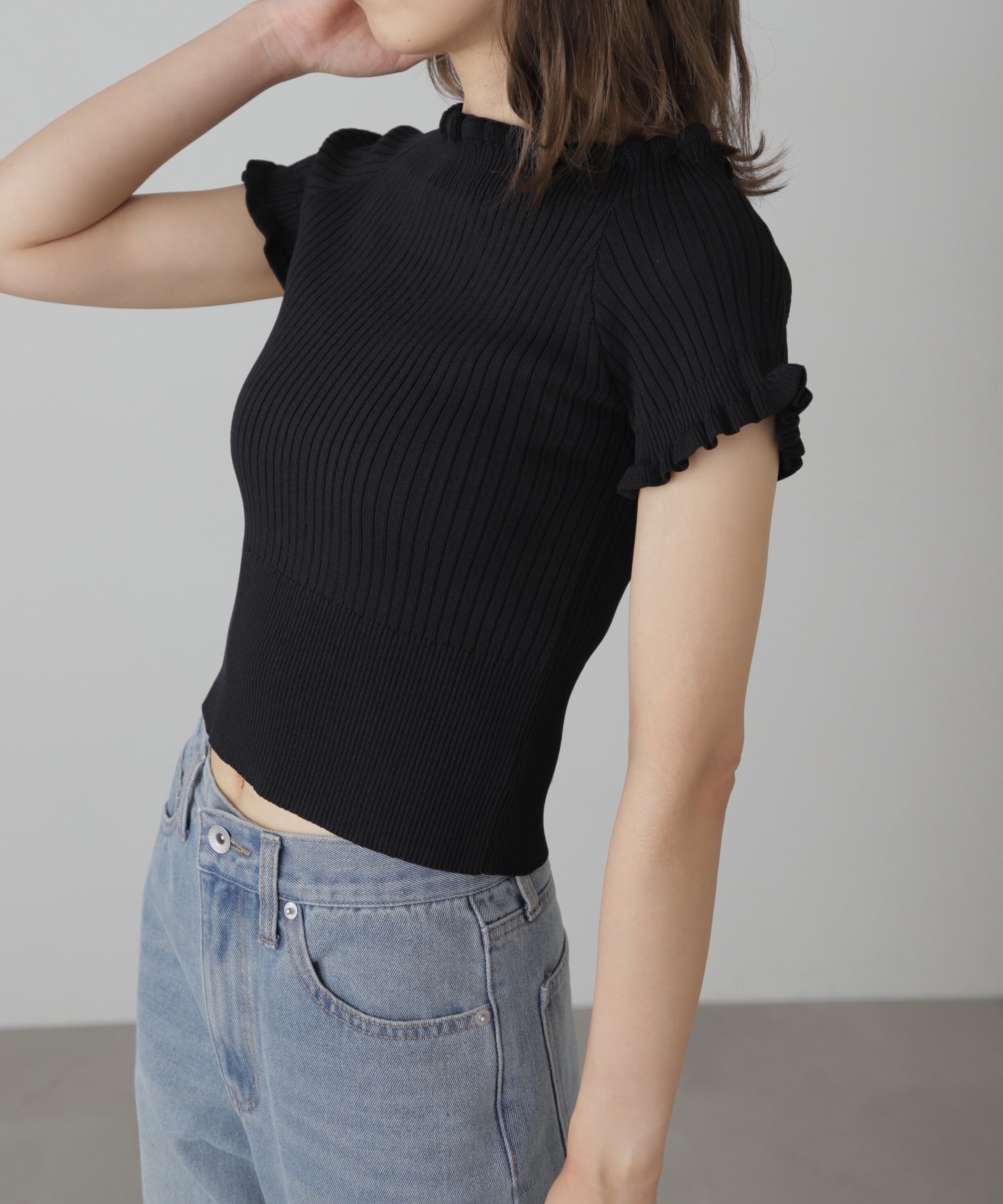  「2wayオフショルフリルリブ半袖ニット」|ニット・セーター|